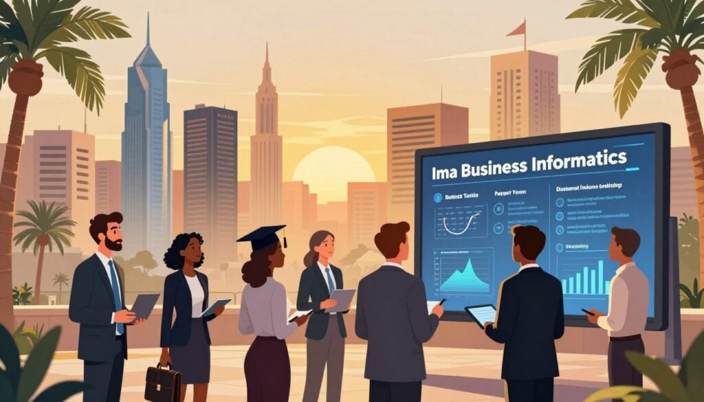 A vibrant and informative illustration depicting various career paths for graduates, set in an Egyptian urban landscape. In the foreground, diverse individuals in professional business attire, including men and women of various ethnicities, are engaged in discussions around a large digital display board. In the middle ground, tall buildings representing various industries such as technology, finance, and education rise, framed by palm trees typical to Egypt. The background includes a sunset that casts a warm, golden light, creating an uplifting atmosphere. The scene captures a sense of ambition and professionalism, showcasing elements like briefcases, laptops, and charts, all illustrating the dynamic opportunities available to graduates in business informatics. The angle is slightly elevated, providing a comprehensive view of the scene. A vibrant and informative illustration depicting various career paths for graduates, set in an Egyptian urban landscape. In the foreground, diverse individuals in professional business attire, including men and women of various ethnicities, are engaged in discussions around a large digital display board. In the middle ground, tall buildings representing various industries such as technology, finance, and education rise, framed by palm trees typical to Egypt. The background includes a sunset that casts a warm, golden light, creating an uplifting atmosphere. The scene captures a sense of ambition and professionalism, showcasing elements like briefcases, laptops, and charts, all illustrating the dynamic opportunities available to graduates in business informatics. The angle is slightly elevated, providing a comprehensive view of the scene.
