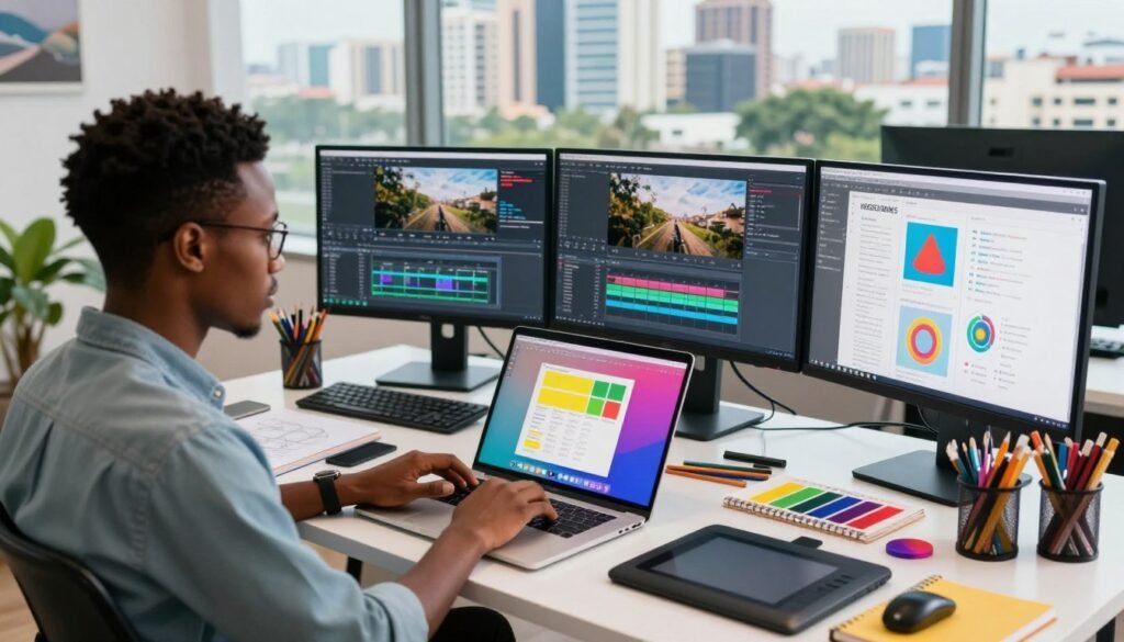 A vibrant and modern workspace illustrating graphic design and video production in Nigeria. In the foreground, a focused young Nigerian professional, dressed in smart casual attire, is using a high-end laptop with graphic design software open, showcasing a colorful project on the screen. The middle ground features multiple monitors displaying video editing timelines and design drafts, surrounded by creative tools like graphic tablets, sketchbooks, and a colorful assortment of art supplies. In the background, large windows allow natural light to flood the room, highlighting a cityscape of Lagos with tall buildings and greenery. The mood is dynamic and inspiring, infused with a sense of creativity and opportunity, portraying the thriving business landscape for students leveraging creative skills in Nigeria. A vibrant and modern workspace illustrating graphic design and video production in Nigeria. In the foreground, a focused young Nigerian professional, dressed in smart casual attire, is using a high-end laptop with graphic design software open, showcasing a colorful project on the screen. The middle ground features multiple monitors displaying video editing timelines and design drafts, surrounded by creative tools like graphic tablets, sketchbooks, and a colorful assortment of art supplies. In the background, large windows allow natural light to flood the room, highlighting a cityscape of Lagos with tall buildings and greenery. The mood is dynamic and inspiring, infused with a sense of creativity and opportunity, portraying the thriving business landscape for students leveraging creative skills in Nigeria.