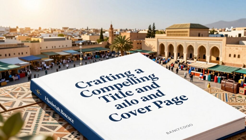 A vibrant and visually striking book cover design representing Morocco’s business landscape. In the foreground, a sleek, modern title in an elegant font showcases the words "Crafting a Compelling Title and Cover Page". The middle ground features artistic elements inspired by Moroccan culture, such as geometric patterns and traditional motifs, blending seamlessly with contemporary business imagery, like briefcases and documents. The background showcases a panoramic view of iconic Moroccan architecture, including arches and vibrant marketplaces. The scene is bathed in warm, golden sunlight, creating an inviting atmosphere. The composition emphasizes professionalism and creativity, with a focus on clarity and visual appeal, presented from an eye-level angle to engage the viewer effectively. A vibrant and visually striking book cover design representing Morocco’s business landscape. In the foreground, a sleek, modern title in an elegant font showcases the words "Crafting a Compelling Title and Cover Page". The middle ground features artistic elements inspired by Moroccan culture, such as geometric patterns and traditional motifs, blending seamlessly with contemporary business imagery, like briefcases and documents. The background showcases a panoramic view of iconic Moroccan architecture, including arches and vibrant marketplaces. The scene is bathed in warm, golden sunlight, creating an inviting atmosphere. The composition emphasizes professionalism and creativity, with a focus on clarity and visual appeal, presented from an eye-level angle to engage the viewer effectively.