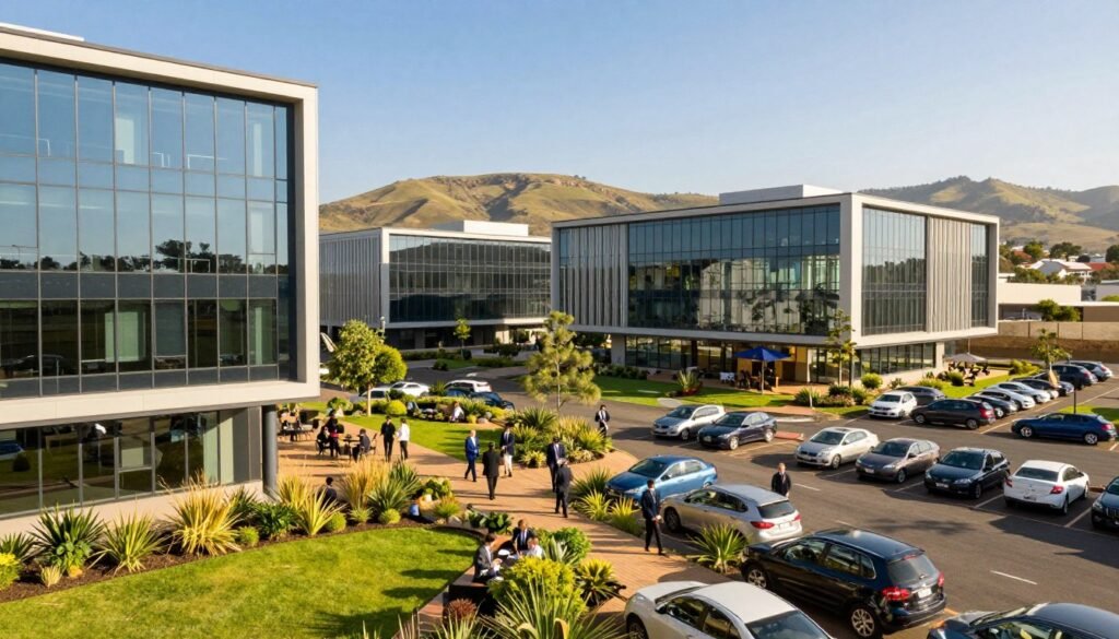 A vibrant business park in South Africa, showcasing modern architecture and landscaped green spaces. In the foreground, sleek office buildings made of glass and steel with large windows reflecting the blue sky, surrounded by lush gardens and parking areas filled with neatly parked vehicles. In the middle ground, people in professional business attire engaging in discussions, walking between buildings, and enjoying outdoor seating areas. The background features rolling hills and a clear sky, enhancing the sense of tranquility and professionalism. The image is bathed in warm, natural light, emphasizing a welcoming atmosphere, captured from a slightly elevated angle to provide a comprehensive view of the park's layout and features. A vibrant business park in South Africa, showcasing modern architecture and landscaped green spaces. In the foreground, sleek office buildings made of glass and steel with large windows reflecting the blue sky, surrounded by lush gardens and parking areas filled with neatly parked vehicles. In the middle ground, people in professional business attire engaging in discussions, walking between buildings, and enjoying outdoor seating areas. The background features rolling hills and a clear sky, enhancing the sense of tranquility and professionalism. The image is bathed in warm, natural light, emphasizing a welcoming atmosphere, captured from a slightly elevated angle to provide a comprehensive view of the park's layout and features.