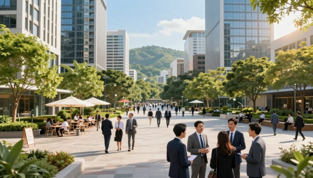 A vibrant business valley filled with modern high-rise buildings and lush greenery, symbolizing growth and innovation. In the foreground, a diverse group of professionals in business attire engage in a lively discussion, representing collaboration and networking. The middle ground features a bustling plaza with people walking, mingling, and enjoying outdoor cafes, showcasing the dynamic lifestyle of the area. In the background, rolling hills and a clear blue sky add depth to the scene, reflecting optimism and opportunity. The lighting is bright and inviting, with a soft golden hour glow, casting long gentle shadows. The mood is energetic and inspiring, capturing the essence of a thriving hub for business growth. The angle should be slightly elevated, providing an overview of the valley’s activity and vibrancy.