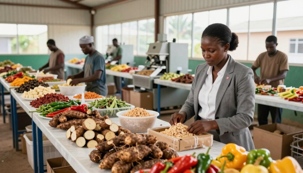A vibrant food processing facility in Nigeria, showcasing a diverse array of local produce such as yams, cassava, and peppers expertly arranged on industrial tables. In the foreground, a professional woman in business attire inspects quality control, emphasizing a focus on food safety. In the middle ground, workers in modest clothing efficiently use modern machinery to process ingredients, like grinding and packaging. The background features large windows allowing natural light to flood the space, creating an inviting atmosphere that highlights the activity inside. The mood is bustling yet organized, capturing the essence of a thriving food processing sector with a sense of opportunity for growth and innovation. The image should be bright, well-lit, and inspire a feeling of hopefulness in the future of food sustainability in Nigeria. A vibrant food processing facility in Nigeria, showcasing a diverse array of local produce such as yams, cassava, and peppers expertly arranged on industrial tables. In the foreground, a professional woman in business attire inspects quality control, emphasizing a focus on food safety. In the middle ground, workers in modest clothing efficiently use modern machinery to process ingredients, like grinding and packaging. The background features large windows allowing natural light to flood the space, creating an inviting atmosphere that highlights the activity inside. The mood is bustling yet organized, capturing the essence of a thriving food processing sector with a sense of opportunity for growth and innovation. The image should be bright, well-lit, and inspire a feeling of hopefulness in the future of food sustainability in Nigeria.