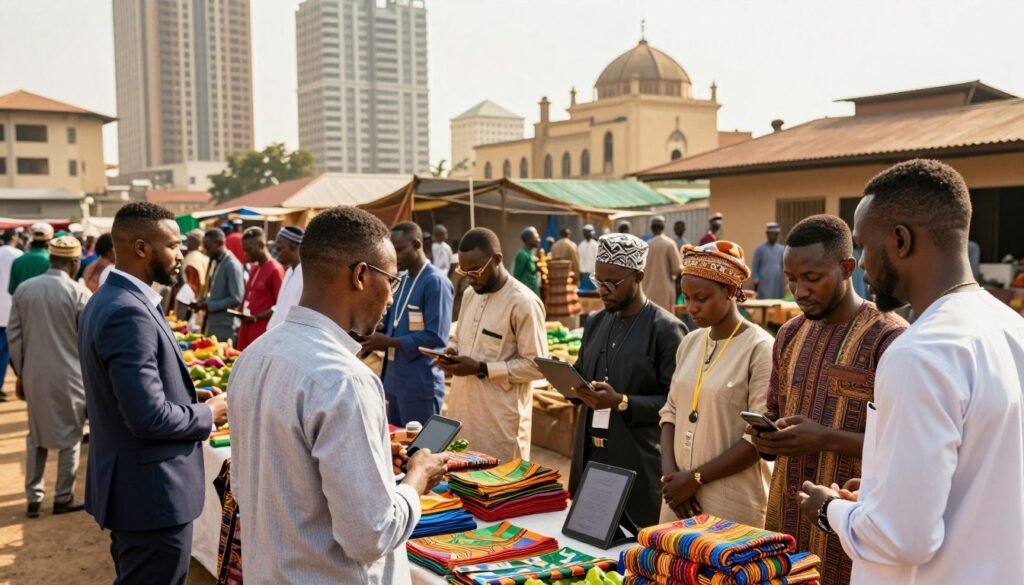 A vibrant market scene showcasing the fusion of traditional and modern sectors in Nigeria. In the foreground, a diverse group of business professionals in smart casual attire are engaged in lively discussions around stalls filled with colorful local crafts and produce. The middle ground features artisans utilizing modern technology, such as tablets and smartphones, to promote their handmade goods. In the background, a bustling cityscape with skyscrapers juxtaposed against traditional architecture symbolizes the harmony between heritage and innovation. The scene is bathed in warm, natural sunlight, casting soft shadows and creating an inviting atmosphere. The angle is slightly elevated, capturing the dynamic interaction among people and their environment, reflecting a sense of growth and potential. A vibrant market scene showcasing the fusion of traditional and modern sectors in Nigeria. In the foreground, a diverse group of business professionals in smart casual attire are engaged in lively discussions around stalls filled with colorful local crafts and produce. The middle ground features artisans utilizing modern technology, such as tablets and smartphones, to promote their handmade goods. In the background, a bustling cityscape with skyscrapers juxtaposed against traditional architecture symbolizes the harmony between heritage and innovation. The scene is bathed in warm, natural sunlight, casting soft shadows and creating an inviting atmosphere. The angle is slightly elevated, capturing the dynamic interaction among people and their environment, reflecting a sense of growth and potential.