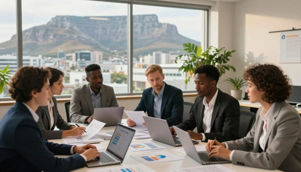 A vibrant office scene set in South Africa, showcasing professionals engaged in discussions around a table filled with documents, charts, and laptops. In the foreground, a diverse group of individuals in smart business attire, including people of different ethnic backgrounds, collaborate, representing cooperatives, non-profits, and LLCs. In the middle ground, large windows reveal a bustling cityscape of Cape Town, with Table Mountain in the distance. In the background, potted plants add a touch of greenery, enhancing the professional atmosphere. Soft, natural lighting filters through the windows, casting a warm glow, while a slight depth-of-field blurs the distant buildings, emphasizing the collaborative spirit within the room. The mood is energetic and focused, highlighting the diversity and dynamism of South Africa’s business landscape. A vibrant office scene set in South Africa, showcasing professionals engaged in discussions around a table filled with documents, charts, and laptops. In the foreground, a diverse group of individuals in smart business attire, including people of different ethnic backgrounds, collaborate, representing cooperatives, non-profits, and LLCs. In the middle ground, large windows reveal a bustling cityscape of Cape Town, with Table Mountain in the distance. In the background, potted plants add a touch of greenery, enhancing the professional atmosphere. Soft, natural lighting filters through the windows, casting a warm glow, while a slight depth-of-field blurs the distant buildings, emphasizing the collaborative spirit within the room. The mood is energetic and focused, highlighting the diversity and dynamism of South Africa’s business landscape.