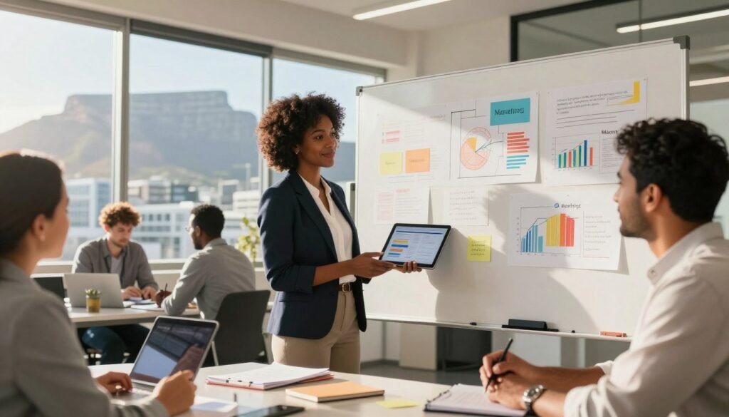A vibrant office space in South Africa, showcasing a diverse group of professionals collaborating on a brand marketing strategy. In the foreground, a confident Black woman in smart business attire presents a digital marketing plan on a tablet, while a South Asian man takes notes, engaged in discussion. The middle features a large whiteboard filled with colorful charts and branding ideas. In the background, large windows reveal a sunny skyline of Cape Town, with Table Mountain peeking through. The lighting is bright and warm, with sunlight casting soft shadows, creating an inspiring and motivated atmosphere. The camera angle is slightly elevated, focusing on the collaborative energy in the room, reflecting a modern, innovative approach to business in South Africa. A vibrant office space in South Africa, showcasing a diverse group of professionals collaborating on a brand marketing strategy. In the foreground, a confident Black woman in smart business attire presents a digital marketing plan on a tablet, while a South Asian man takes notes, engaged in discussion. The middle features a large whiteboard filled with colorful charts and branding ideas. In the background, large windows reveal a sunny skyline of Cape Town, with Table Mountain peeking through. The lighting is bright and warm, with sunlight casting soft shadows, creating an inspiring and motivated atmosphere. The camera angle is slightly elevated, focusing on the collaborative energy in the room, reflecting a modern, innovative approach to business in South Africa.