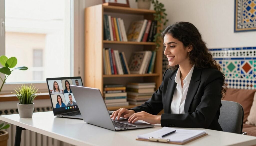 A vibrant online tutoring session set in a cozy, modern workspace in Morocco. In the foreground, a young woman wearing professional business attire is seated at a sleek desk with a laptop, engaged in a video call, smiling as she interacts with her students. The middle ground features a well-organized bookshelf filled with books and educational materials. Light filters in from a large window, creating a warm and inviting atmosphere. The background showcases traditional Moroccan decor, like colorful mosaic tiles and a lush plant, enhancing the cultural context. The image captures a sense of productivity and professionalism, highlighting the growing trend of online tutoring within the Moroccan educational landscape. A vibrant online tutoring session set in a cozy, modern workspace in Morocco. In the foreground, a young woman wearing professional business attire is seated at a sleek desk with a laptop, engaged in a video call, smiling as she interacts with her students. The middle ground features a well-organized bookshelf filled with books and educational materials. Light filters in from a large window, creating a warm and inviting atmosphere. The background showcases traditional Moroccan decor, like colorful mosaic tiles and a lush plant, enhancing the cultural context. The image captures a sense of productivity and professionalism, highlighting the growing trend of online tutoring within the Moroccan educational landscape.