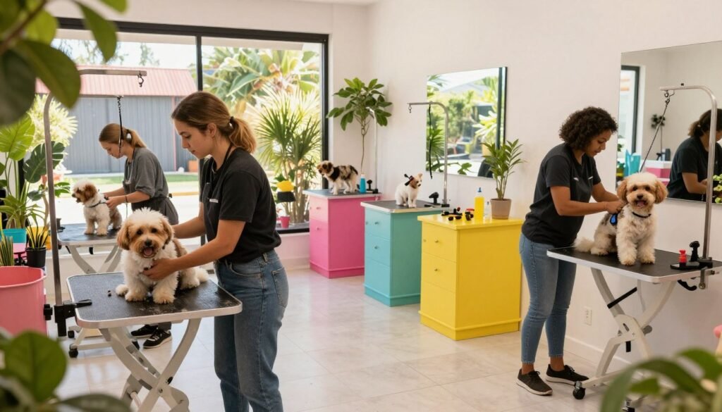 A vibrant pet care service scene in South Africa, showcasing a variety of small to medium-sized dogs and cats being cared for in a modern, stylish grooming salon. In the foreground, a professional groomer in smart casual attire is gently washing a fluffy dog, while another pet is being pampered with a luxurious haircut. The middle ground features colorful grooming stations with tools and products neatly arranged. In the background, large windows let in warm, natural light, enhancing the welcoming atmosphere. Lush green plants frame the scene, reflecting South Africa's rich biodiversity. The overall mood is cheerful and nurturing, capturing the essence of pet care services, from grooming to luxury boarding. Use a wide-angle lens to emphasize the inviting space and dynamic interactions between pets and caregivers. A vibrant pet care service scene in South Africa, showcasing a variety of small to medium-sized dogs and cats being cared for in a modern, stylish grooming salon. In the foreground, a professional groomer in smart casual attire is gently washing a fluffy dog, while another pet is being pampered with a luxurious haircut. The middle ground features colorful grooming stations with tools and products neatly arranged. In the background, large windows let in warm, natural light, enhancing the welcoming atmosphere. Lush green plants frame the scene, reflecting South Africa's rich biodiversity. The overall mood is cheerful and nurturing, capturing the essence of pet care services, from grooming to luxury boarding. Use a wide-angle lens to emphasize the inviting space and dynamic interactions between pets and caregivers.