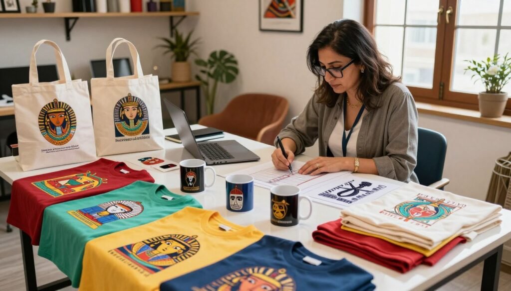 A vibrant print-on-demand workspace in Egypt, showcasing a skilled entrepreneur, a middle-aged Egyptian woman in a smart casual outfit, diligently designing unique merchandise. In the foreground, a colorful array of printed t-shirts, mugs, and tote bags displays various artistic designs inspired by Egyptian culture and modern trends. The middle of the scene features a large, well-lit table cluttered with design tools, a laptop, and sample products, reflecting a busy but organized environment. The background reveals a cozy studio space, with windows allowing natural light to filter in, creating a warm and inviting atmosphere. The overall mood is one of creativity, innovation, and entrepreneurial spirit, highlighting the opportunities in the print-on-demand business in Egypt. A vibrant print-on-demand workspace in Egypt, showcasing a skilled entrepreneur, a middle-aged Egyptian woman in a smart casual outfit, diligently designing unique merchandise. In the foreground, a colorful array of printed t-shirts, mugs, and tote bags displays various artistic designs inspired by Egyptian culture and modern trends. The middle of the scene features a large, well-lit table cluttered with design tools, a laptop, and sample products, reflecting a busy but organized environment. The background reveals a cozy studio space, with windows allowing natural light to filter in, creating a warm and inviting atmosphere. The overall mood is one of creativity, innovation, and entrepreneurial spirit, highlighting the opportunities in the print-on-demand business in Egypt.