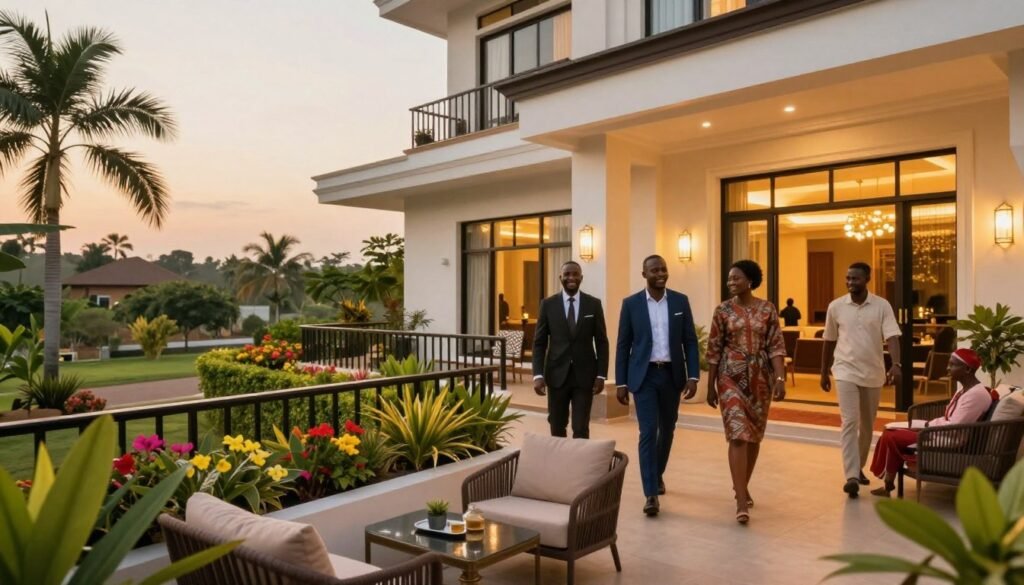 A vibrant scene showcasing Nigeria's hospitality and accommodation sector. In the foreground, a modern vacation rental with a spacious balcony overlooking lush greenery, featuring comfortable seating and elegant decor. The middle ground presents a luxurious hotel with a striking architecture, large windows illuminated by warm golden light, and guests arriving with smiles, dressed in professional business attire and modest casual clothing. The background features a scenic view of Nigeria's landscape, including palm trees and colorful flowers. The time is late afternoon, casting a golden hour glow that enhances the welcoming atmosphere. The overall mood is inviting and warm, emphasizing the allure of Nigeria’s burgeoning hospitality industry. A vibrant scene showcasing Nigeria's hospitality and accommodation sector. In the foreground, a modern vacation rental with a spacious balcony overlooking lush greenery, featuring comfortable seating and elegant decor. The middle ground presents a luxurious hotel with a striking architecture, large windows illuminated by warm golden light, and guests arriving with smiles, dressed in professional business attire and modest casual clothing. The background features a scenic view of Nigeria's landscape, including palm trees and colorful flowers. The time is late afternoon, casting a golden hour glow that enhances the welcoming atmosphere. The overall mood is inviting and warm, emphasizing the allure of Nigeria’s burgeoning hospitality industry.