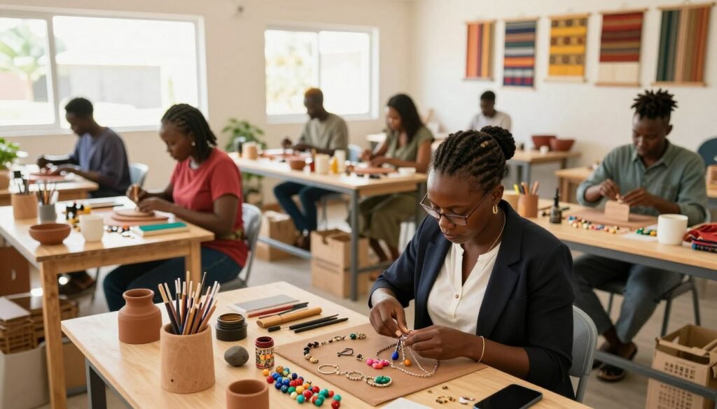 A vibrant workspace showcasing creative skilled craft businesses in South Africa. In the foreground, a focused artisan, dressed in smart casual attire, is skillfully crafting handmade jewelry, surrounded by colorful beads and tools. The middle ground features a variety of craft stations, each displaying different crafts: pottery, textiles, and woodworking, with artisans engaged in their trades. In the background, bright windows let in warm natural light, illuminating the space and creating an inviting atmosphere. The scene is bustling with energy and creativity, evoking a sense of innovation and opportunity. The overall mood is inspiring and dynamic, emphasizing the thriving craft business culture in the region. High-resolution, shot with a wide-angle lens to capture the entire scene in detail. A vibrant workspace showcasing creative skilled craft businesses in South Africa. In the foreground, a focused artisan, dressed in smart casual attire, is skillfully crafting handmade jewelry, surrounded by colorful beads and tools. The middle ground features a variety of craft stations, each displaying different crafts: pottery, textiles, and woodworking, with artisans engaged in their trades. In the background, bright windows let in warm natural light, illuminating the space and creating an inviting atmosphere. The scene is bustling with energy and creativity, evoking a sense of innovation and opportunity. The overall mood is inspiring and dynamic, emphasizing the thriving craft business culture in the region. High-resolution, shot with a wide-angle lens to capture the entire scene in detail.