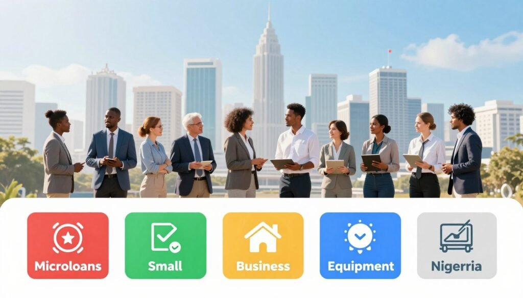 A visually engaging infographic showcasing the major types of business loans available in Nigeria. In the foreground, illustrate various loan categories like microloans, small business loans, and equipment financing using distinct symbols or icons, each with vibrant colors. In the middle ground, depict a diverse group of professional individuals, dressed in business attire, discussing these loan options, surrounded by graphical representations of loan types. The background should consist of a stylized skyline of a Nigerian city, with modern buildings under a bright, clear blue sky, suggesting a thriving business environment. Use soft, natural lighting to create an inviting feel, and employ a slight angle that emphasizes the interaction among the individuals, fostering an atmosphere of collaboration and opportunity. A visually engaging infographic showcasing the major types of business loans available in Nigeria. In the foreground, illustrate various loan categories like microloans, small business loans, and equipment financing using distinct symbols or icons, each with vibrant colors. In the middle ground, depict a diverse group of professional individuals, dressed in business attire, discussing these loan options, surrounded by graphical representations of loan types. The background should consist of a stylized skyline of a Nigerian city, with modern buildings under a bright, clear blue sky, suggesting a thriving business environment. Use soft, natural lighting to create an inviting feel, and employ a slight angle that emphasizes the interaction among the individuals, fostering an atmosphere of collaboration and opportunity.