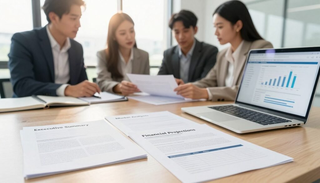 A visually engaging office setting showcasing the key components of a business proposal. In the foreground, neatly arranged documents with headings such as "Executive Summary", "Market Analysis", "Financial Projections", and "Implementation Plan". A laptop with open spreadsheets and graphs provides a modern feel. In the middle, a diverse group of three individuals in professional business attire discusses ideas and reviews the proposal, representing teamwork and entrepreneurship. The background features a large window with natural daylight streaming in, accentuating a bright atmosphere. The scene has a warm color palette, conveying a sense of optimism and ambition. Shot with a soft focus lens from a slightly elevated angle to capture all elements harmoniously. A visually engaging office setting showcasing the key components of a business proposal. In the foreground, neatly arranged documents with headings such as "Executive Summary", "Market Analysis", "Financial Projections", and "Implementation Plan". A laptop with open spreadsheets and graphs provides a modern feel. In the middle, a diverse group of three individuals in professional business attire discusses ideas and reviews the proposal, representing teamwork and entrepreneurship. The background features a large window with natural daylight streaming in, accentuating a bright atmosphere. The scene has a warm color palette, conveying a sense of optimism and ambition. Shot with a soft focus lens from a slightly elevated angle to capture all elements harmoniously.