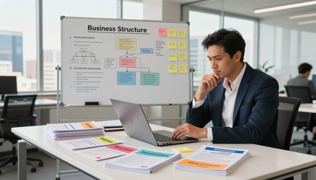 A well-dressed business consultant, sitting at a sleek modern desk, is engaged in deep thought while analyzing various business structure options on a laptop. In the foreground, stacks of colorful brochures are scattered, depicting different business types such as sole proprietorships, partnerships, and corporations. In the middle ground, a large whiteboard displays tax implications, legal structures, and organizational charts, surrounded by post-it notes with strategic ideas. The background features a bright South African office with large windows showcasing a vibrant cityscape. The lighting is warm and inviting, creating a professional yet approachable atmosphere. The scene evokes a sense of decision-making and exploration, capturing the essence of choosing the right business type for a venture. A well-dressed business consultant, sitting at a sleek modern desk, is engaged in deep thought while analyzing various business structure options on a laptop. In the foreground, stacks of colorful brochures are scattered, depicting different business types such as sole proprietorships, partnerships, and corporations. In the middle ground, a large whiteboard displays tax implications, legal structures, and organizational charts, surrounded by post-it notes with strategic ideas. The background features a bright South African office with large windows showcasing a vibrant cityscape. The lighting is warm and inviting, creating a professional yet approachable atmosphere. The scene evokes a sense of decision-making and exploration, capturing the essence of choosing the right business type for a venture.