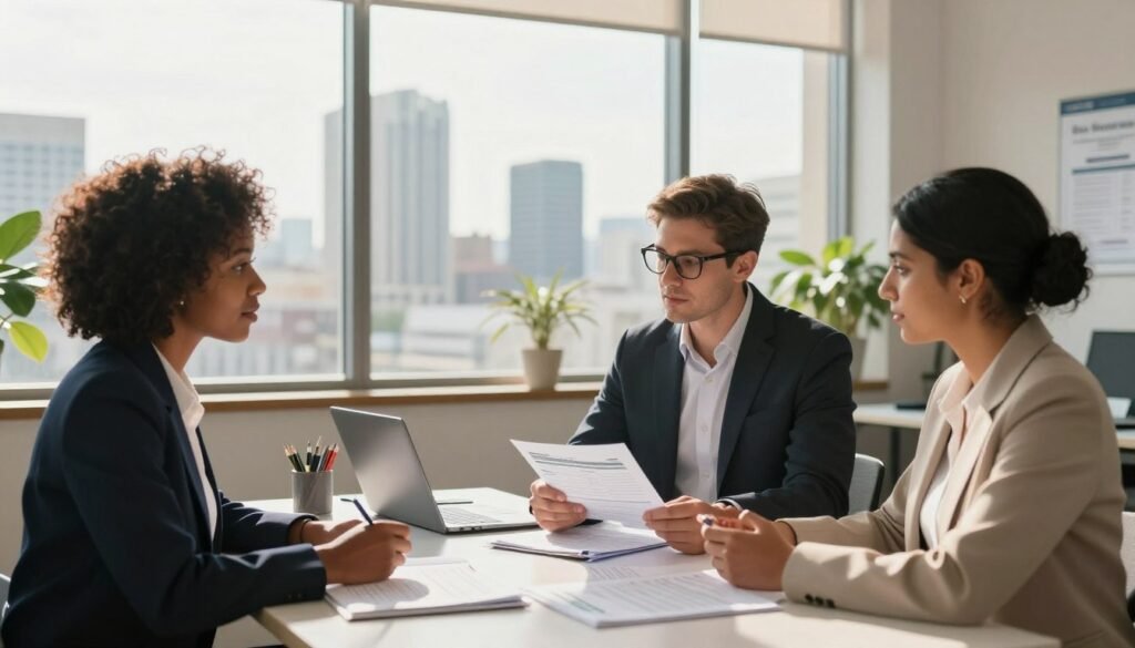 A well-organized office space showcasing a professional setting for tax registration with the South African Revenue Service (SARS). In the foreground, a diverse group of three business individuals dressed in smart business attire, including a Black woman with natural hair, a White man with glasses, and an Indian woman with a neat bun, is engaged in discussion around a desk filled with tax documents and a laptop. The middle section features a large window casting warm, natural light onto the scene, with a view of the Johannesburg skyline in the background. Soft shadows create a feeling of professionalism and focus, while plants enhance the atmosphere of growth and stability. The image captures a sense of readiness and collaboration, inviting viewers into the world of tax registration. A well-organized office space showcasing a professional setting for tax registration with the South African Revenue Service (SARS). In the foreground, a diverse group of three business individuals dressed in smart business attire, including a Black woman with natural hair, a White man with glasses, and an Indian woman with a neat bun, is engaged in discussion around a desk filled with tax documents and a laptop. The middle section features a large window casting warm, natural light onto the scene, with a view of the Johannesburg skyline in the background. Soft shadows create a feeling of professionalism and focus, while plants enhance the atmosphere of growth and stability. The image captures a sense of readiness and collaboration, inviting viewers into the world of tax registration.