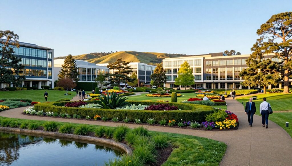 Landscaped gardens at Kyalami Business Park, featuring vibrant greenery with neatly trimmed hedges, varied flower beds bursting with color, and well-maintained walkways. In the foreground, a serene pond reflects the surrounding flora, while a few professional individuals in business attire stroll leisurely along the paths. The middle ground showcases modern office buildings accented by large windows, blending harmoniously with the gardens. In the background, soft, rolling hills under a clear blue sky with gentle sunlight illuminating the scene create a warm, inviting atmosphere. The composition includes a wide-angle view to capture the expansive beauty of the park, while emphasizing the tranquility and professionalism of this business hub. Landscaped gardens at Kyalami Business Park, featuring vibrant greenery with neatly trimmed hedges, varied flower beds bursting with color, and well-maintained walkways. In the foreground, a serene pond reflects the surrounding flora, while a few professional individuals in business attire stroll leisurely along the paths. The middle ground showcases modern office buildings accented by large windows, blending harmoniously with the gardens. In the background, soft, rolling hills under a clear blue sky with gentle sunlight illuminating the scene create a warm, inviting atmosphere. The composition includes a wide-angle view to capture the expansive beauty of the park, while emphasizing the tranquility and professionalism of this business hub.