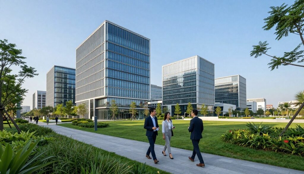 Modern adaptable business park buildings in a vibrant urban setting, showcasing sleek glass facades and innovative architectural designs, surrounded by lush green landscaping. In the foreground, a well-maintained walking path with professional individuals in business attire engaged in conversation. The middle ground features multiple buildings of varying heights, emphasizing a contemporary and dynamic work environment. In the background, a clear blue sky enhances the scene, with the sun softly illuminating the structures to create an inviting atmosphere. The angle captures the buildings from a slightly elevated perspective, providing depth and a sense of scale. The overall mood conveys professionalism, innovation, and collaboration. Modern adaptable business park buildings in a vibrant urban setting, showcasing sleek glass facades and innovative architectural designs, surrounded by lush green landscaping. In the foreground, a well-maintained walking path with professional individuals in business attire engaged in conversation. The middle ground features multiple buildings of varying heights, emphasizing a contemporary and dynamic work environment. In the background, a clear blue sky enhances the scene, with the sun softly illuminating the structures to create an inviting atmosphere. The angle captures the buildings from a slightly elevated perspective, providing depth and a sense of scale. The overall mood conveys professionalism, innovation, and collaboration.