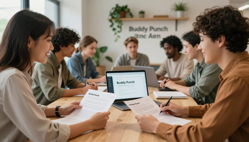 A cozy and modern office environment filled with natural light, showcasing a diverse group of employees engaged in discussion around a large table. In the foreground, two professionals in smart casual attire are reviewing printed user testimonials and feedback, their expressions reflecting positive engagement and satisfaction. In the middle, a laptop open to the Buddy Punch interface, displaying a friendly and easy-to-use design. The background features shelves lined with plants and motivational quotes about teamwork and productivity, promoting an inspiring atmosphere. Soft, warm lighting creates an inviting ambiance, while a shallow depth of field focuses on the group, subtly blurring the background for emphasis. The image should evoke a sense of collaboration and real experiences with Buddy Punch. A cozy and modern office environment filled with natural light, showcasing a diverse group of employees engaged in discussion around a large table. In the foreground, two professionals in smart casual attire are reviewing printed user testimonials and feedback, their expressions reflecting positive engagement and satisfaction. In the middle, a laptop open to the Buddy Punch interface, displaying a friendly and easy-to-use design. The background features shelves lined with plants and motivational quotes about teamwork and productivity, promoting an inspiring atmosphere. Soft, warm lighting creates an inviting ambiance, while a shallow depth of field focuses on the group, subtly blurring the background for emphasis. The image should evoke a sense of collaboration and real experiences with Buddy Punch.