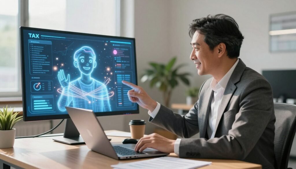 A modern office environment featuring a human tax consultant and a friendly AI assistant displayed on a sleek digital screen. In the foreground, the human, a middle-aged professional in a tailored suit, focuses on a laptop while consulting a bright, dynamic interface showing tax data. The AI, represented as a glowing digital figure or hologram, assists with pleasant visual cues, like flowing lines or lights indicating analytics. In the middle ground, an organized workspace with tax documents, a coffee mug, and potted plants creates a warm atmosphere. The background features large windows letting in natural light, casting soft shadows and highlighting the collaborative energy. The mood is professional yet approachable, emphasizing the efficiency and support provided by both human and AI in tax filing. A modern office environment featuring a human tax consultant and a friendly AI assistant displayed on a sleek digital screen. In the foreground, the human, a middle-aged professional in a tailored suit, focuses on a laptop while consulting a bright, dynamic interface showing tax data. The AI, represented as a glowing digital figure or hologram, assists with pleasant visual cues, like flowing lines or lights indicating analytics. In the middle ground, an organized workspace with tax documents, a coffee mug, and potted plants creates a warm atmosphere. The background features large windows letting in natural light, casting soft shadows and highlighting the collaborative energy. The mood is professional yet approachable, emphasizing the efficiency and support provided by both human and AI in tax filing.