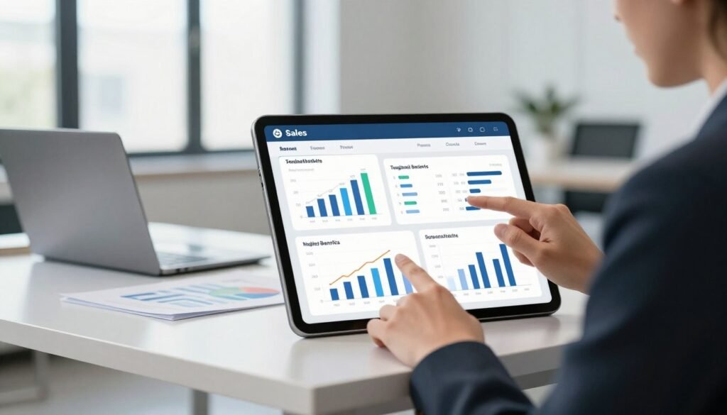 A sleek and modern sales platform interface displayed on a digital tablet, set against a bright, professional office background. In the foreground, a business professional in a smart blazer, analyzing data and interacting with the interface, showcasing graphs and metrics that highlight tangible benefits and measurable ROI. The middle layer includes a modern office desk with a laptop and documents, symbolizing productivity and efficiency. The background features large windows allowing natural light to illuminate the space, creating a welcoming atmosphere. Soft lighting emphasizes the professionalism and innovation theme, while the camera angle captures a dynamic view, inviting viewers to envision the actionable insights offered by the platform. The overall mood is optimistic and focused, signifying success in sales outreach. A sleek and modern sales platform interface displayed on a digital tablet, set against a bright, professional office background. In the foreground, a business professional in a smart blazer, analyzing data and interacting with the interface, showcasing graphs and metrics that highlight tangible benefits and measurable ROI. The middle layer includes a modern office desk with a laptop and documents, symbolizing productivity and efficiency. The background features large windows allowing natural light to illuminate the space, creating a welcoming atmosphere. Soft lighting emphasizes the professionalism and innovation theme, while the camera angle captures a dynamic view, inviting viewers to envision the actionable insights offered by the platform. The overall mood is optimistic and focused, signifying success in sales outreach.