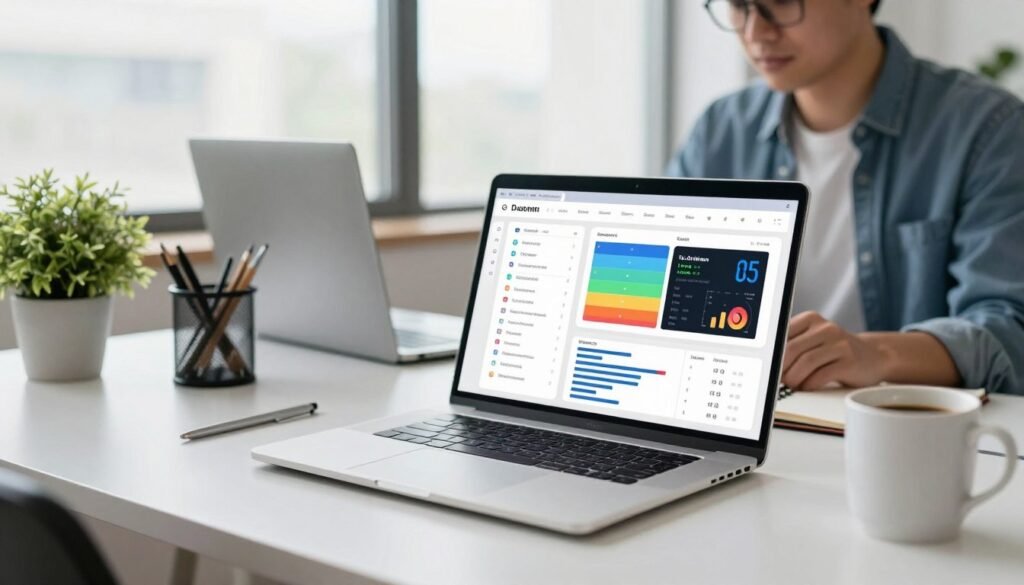 A sleek computer desk in the foreground featuring a modern laptop displaying an interactive dashboard of time tracking software with colorful graphs and analytics. Several digital tools like a task list, timer, and productivity metrics are visible on the screen. In the middle ground, a professional individual in smart casual attire, focused on the laptop, notes a few key points on a notepad. They are surrounded by minimalist office decor, including a potted plant and a coffee mug. The background shows a well-lit office with large windows letting in natural light, creating a bright and motivating atmosphere. The overall mood is productive and organized, capturing the essence of time tracking and efficiency in a contemporary workspace. A sleek computer desk in the foreground featuring a modern laptop displaying an interactive dashboard of time tracking software with colorful graphs and analytics. Several digital tools like a task list, timer, and productivity metrics are visible on the screen. In the middle ground, a professional individual in smart casual attire, focused on the laptop, notes a few key points on a notepad. They are surrounded by minimalist office decor, including a potted plant and a coffee mug. The background shows a well-lit office with large windows letting in natural light, creating a bright and motivating atmosphere. The overall mood is productive and organized, capturing the essence of time tracking and efficiency in a contemporary workspace.