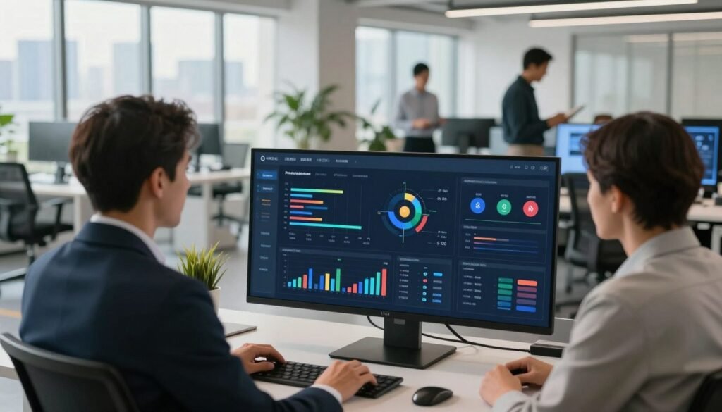 A sleek, modern dashboard displaying various elements of a platform experience and integrations interface. In the foreground, a large screen showcases colorful graphs, project timelines, and integration icons, representing productivity metrics and workflow optimization. Professional individuals in business attire interact with the dashboard, analyzing data and discussing insights. In the middle ground, a spacious, well-lit office environment features minimalist furniture and plants, creating a collaborative atmosphere. The background reveals a city skyline through large windows, emphasizing a dynamic and forward-thinking atmosphere. Soft, natural lighting illuminates the scene, enhancing the feeling of professionalism and innovation, while a shallow depth of field focuses on the dashboard elements. The overall mood is productive, engaging, and modern. A sleek, modern dashboard displaying various elements of a platform experience and integrations interface. In the foreground, a large screen showcases colorful graphs, project timelines, and integration icons, representing productivity metrics and workflow optimization. Professional individuals in business attire interact with the dashboard, analyzing data and discussing insights. In the middle ground, a spacious, well-lit office environment features minimalist furniture and plants, creating a collaborative atmosphere. The background reveals a city skyline through large windows, emphasizing a dynamic and forward-thinking atmosphere. Soft, natural lighting illuminates the scene, enhancing the feeling of professionalism and innovation, while a shallow depth of field focuses on the dashboard elements. The overall mood is productive, engaging, and modern.
