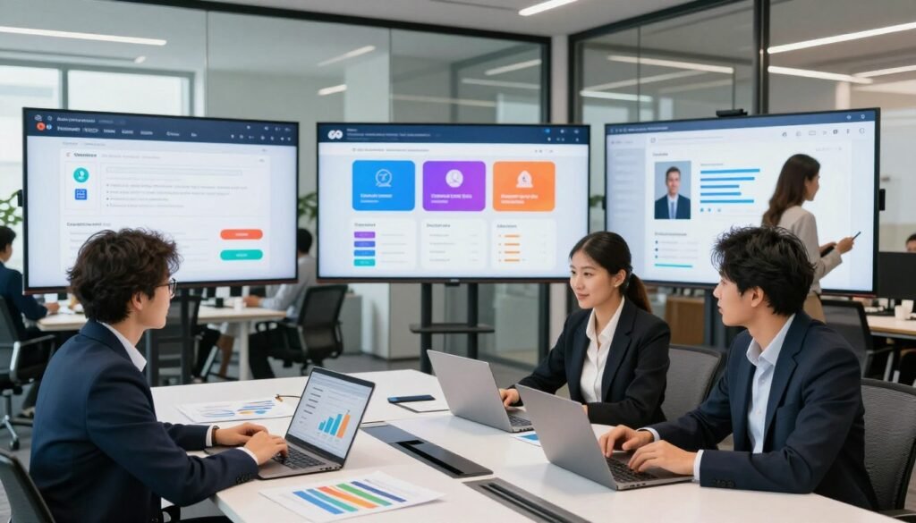 A visually engaging office environment showcasing a dynamic multichannel outreach campaign sequence. In the foreground, a diverse group of three professionals in business attire collaborates around a modern conference table filled with laptops, digital devices, and colorful charts. The middle ground features large screens displaying various outreach channels, including email, social media, and phone calls, with vibrant graphics illustrating engagement metrics and strategies. In the background, glass walls reveal a busy office with team members discussing ideas. Soft, natural lighting illuminates the scene, creating a bright and optimistic atmosphere. Capture the image with a wide-angle lens to emphasize the collaborative spirit and modern technology, evoking a sense of strategic teamwork and innovation in sales outreach. A visually engaging office environment showcasing a dynamic multichannel outreach campaign sequence. In the foreground, a diverse group of three professionals in business attire collaborates around a modern conference table filled with laptops, digital devices, and colorful charts. The middle ground features large screens displaying various outreach channels, including email, social media, and phone calls, with vibrant graphics illustrating engagement metrics and strategies. In the background, glass walls reveal a busy office with team members discussing ideas. Soft, natural lighting illuminates the scene, creating a bright and optimistic atmosphere. Capture the image with a wide-angle lens to emphasize the collaborative spirit and modern technology, evoking a sense of strategic teamwork and innovation in sales outreach.
