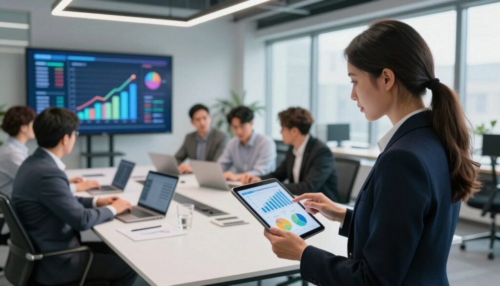 A visually striking illustration depicting measurable business impact data. In the foreground, a professional businesswoman in smart attire is analyzing graphs and charts on a digital tablet, highlighting efficiency metrics. In the middle ground, a diverse team of professionals collaborates around a conference table, with laptops and digital displays showing colorful, dynamic infographics that represent growth and productivity. The background features a modern office space with large windows, allowing natural light to illuminate the scene. The atmosphere conveys a sense of innovation and progress, with a sleek, high-tech vibe. Use a wide-angle lens to capture the entire environment, ensuring clarity and focus on the data presented. The lighting should enhance the professionalism of the setting while emphasizing the importance of the data being discussed. A visually striking illustration depicting measurable business impact data. In the foreground, a professional businesswoman in smart attire is analyzing graphs and charts on a digital tablet, highlighting efficiency metrics. In the middle ground, a diverse team of professionals collaborates around a conference table, with laptops and digital displays showing colorful, dynamic infographics that represent growth and productivity. The background features a modern office space with large windows, allowing natural light to illuminate the scene. The atmosphere conveys a sense of innovation and progress, with a sleek, high-tech vibe. Use a wide-angle lens to capture the entire environment, ensuring clarity and focus on the data presented. The lighting should enhance the professionalism of the setting while emphasizing the importance of the data being discussed.