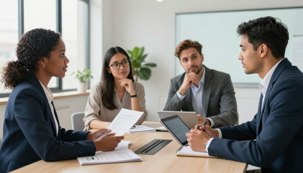 A diverse group of four professionals in a modern office environment, engaged in a collaborative discussion around a sleek conference table. In the foreground, a confident Black woman in a tailored suit is gesturing with her hands while presenting documents. Beside her, a South Asian man in business casual attire takes notes on a digital tablet, showcasing technology integration. In the middle ground, a Hispanic woman in smart casual clothing and glasses contributes her ideas, while a Caucasian man in a blazer nods thoughtfully, projecting engagement. The background features a bright, airy office space with large windows, plants, and minimalist decor, allowing natural light to create a welcoming atmosphere. The overall mood is professional, dynamic, and inclusive, emphasizing teamwork and innovation. A diverse group of four professionals in a modern office environment, engaged in a collaborative discussion around a sleek conference table. In the foreground, a confident Black woman in a tailored suit is gesturing with her hands while presenting documents. Beside her, a South Asian man in business casual attire takes notes on a digital tablet, showcasing technology integration. In the middle ground, a Hispanic woman in smart casual clothing and glasses contributes her ideas, while a Caucasian man in a blazer nods thoughtfully, projecting engagement. The background features a bright, airy office space with large windows, plants, and minimalist decor, allowing natural light to create a welcoming atmosphere. The overall mood is professional, dynamic, and inclusive, emphasizing teamwork and innovation.