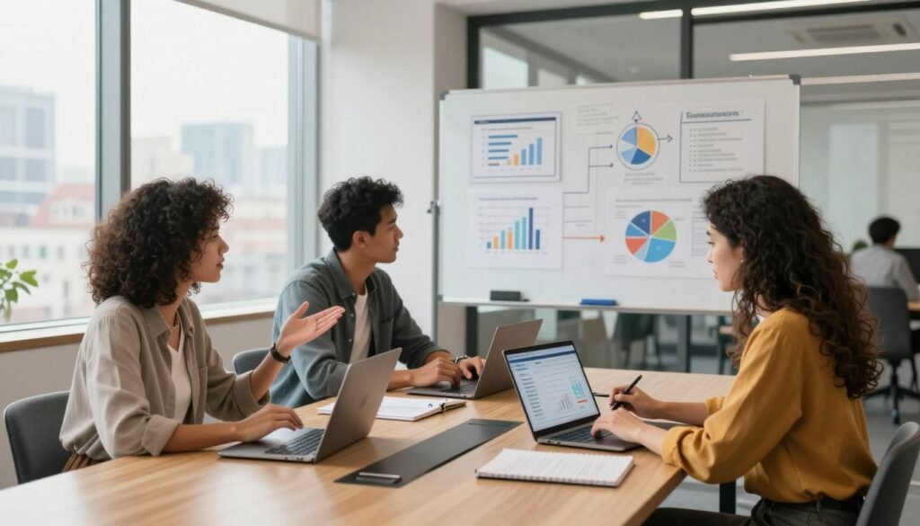 A modern and stylish office setting showcasing diverse founders engaged in a dynamic fundraising session. In the foreground, a group of three professionals—two women and one man—are seated around a sleek conference table, reviewing digital fundraising tools on laptops and tablets. The woman on the left is gesturing confidently, while the man takes notes, and the woman on the right analyzes charts on her screen. In the middle ground, a large whiteboard displays strategic fundraising ideas and visual graphs. The background features floor-to-ceiling windows with a cityscape view, allowing natural light to flood the room, creating an optimistic and productive atmosphere. The image should feature a warm color palette that conveys innovation and collaboration, shot from a slightly elevated angle to capture the energy of the brainstorming session. A modern and stylish office setting showcasing diverse founders engaged in a dynamic fundraising session. In the foreground, a group of three professionals—two women and one man—are seated around a sleek conference table, reviewing digital fundraising tools on laptops and tablets. The woman on the left is gesturing confidently, while the man takes notes, and the woman on the right analyzes charts on her screen. In the middle ground, a large whiteboard displays strategic fundraising ideas and visual graphs. The background features floor-to-ceiling windows with a cityscape view, allowing natural light to flood the room, creating an optimistic and productive atmosphere. The image should feature a warm color palette that conveys innovation and collaboration, shot from a slightly elevated angle to capture the energy of the brainstorming session.