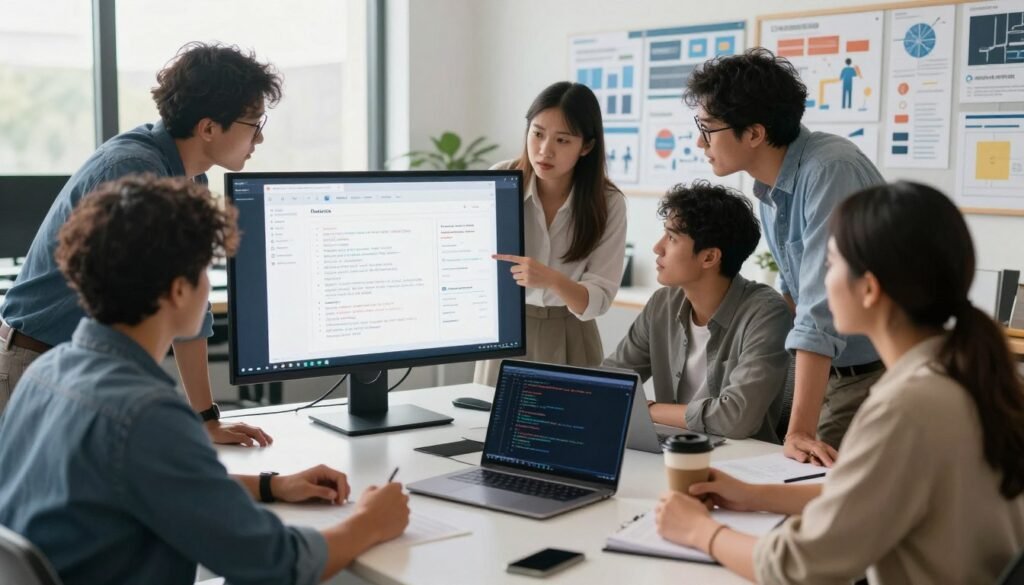 A modern office environment showcasing real-world use cases for application development powered by emergent AI. In the foreground, a diverse group of professionals, dressed in smart casual attire, collaboratively designing an app on a large screen, their faces displaying enthusiasm and concentration. In the middle ground, a sleek desk with a laptop open, featuring code snippets and diagrams, alongside a coffee cup. The background shows a wall filled with project boards and charts, illustrating innovative ideas and workflows. Soft, natural lighting filters through large windows, creating a bright and inspiring atmosphere. The image captures a blend of creativity and technical prowess, emphasizing teamwork in developing cutting-edge applications. The angle is slightly above eye level, providing a comprehensive view of the scene. A modern office environment showcasing real-world use cases for application development powered by emergent AI. In the foreground, a diverse group of professionals, dressed in smart casual attire, collaboratively designing an app on a large screen, their faces displaying enthusiasm and concentration. In the middle ground, a sleek desk with a laptop open, featuring code snippets and diagrams, alongside a coffee cup. The background shows a wall filled with project boards and charts, illustrating innovative ideas and workflows. Soft, natural lighting filters through large windows, creating a bright and inspiring atmosphere. The image captures a blend of creativity and technical prowess, emphasizing teamwork in developing cutting-edge applications. The angle is slightly above eye level, providing a comprehensive view of the scene.