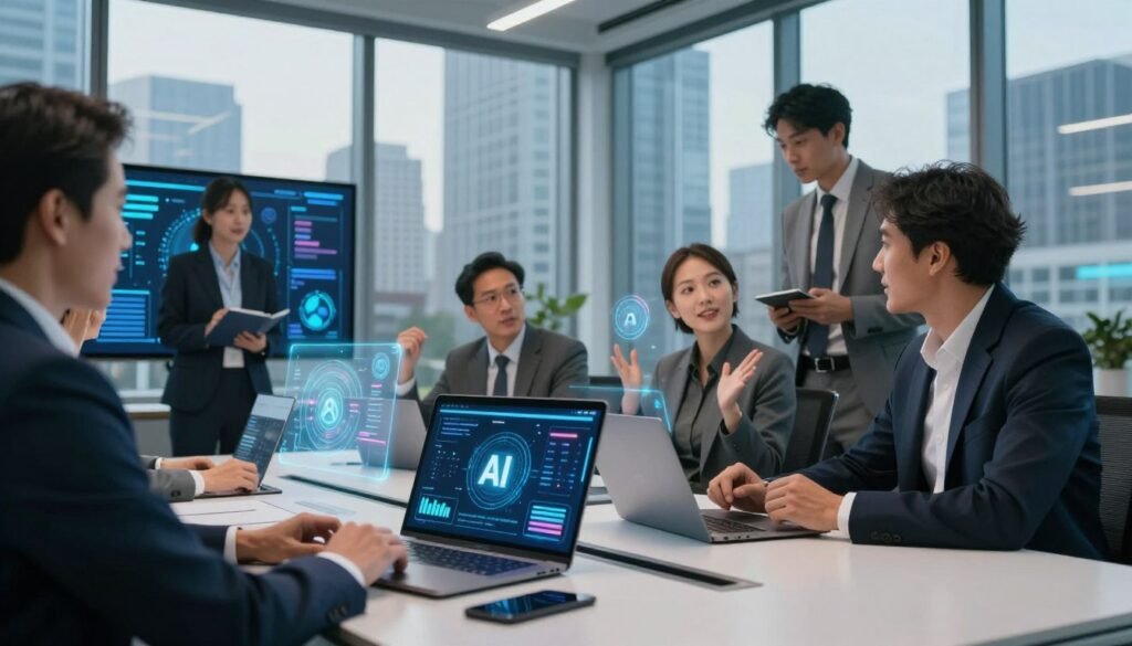 A modern office setting featuring a sleek conference table at the forefront, adorned with a high-tech laptop displaying a visually appealing AI presentation interface. In the middle ground, a diverse group of professionals in business attire is engaged in discussion, showcasing enthusiasm and collaboration. They are surrounded by digital screens and holographic elements, representing AI-driven analysis and creativity. The background features large windows with a view of a vibrant city skyline, illuminated by soft, natural light filtering through. The atmosphere is dynamic and innovative, emphasizing technology and teamwork. Capture the scene from a slight low angle to highlight the interaction between the team and the digital tools, ensuring an inspiring and forward-thinking vibe. A modern office setting featuring a sleek conference table at the forefront, adorned with a high-tech laptop displaying a visually appealing AI presentation interface. In the middle ground, a diverse group of professionals in business attire is engaged in discussion, showcasing enthusiasm and collaboration. They are surrounded by digital screens and holographic elements, representing AI-driven analysis and creativity. The background features large windows with a view of a vibrant city skyline, illuminated by soft, natural light filtering through. The atmosphere is dynamic and innovative, emphasizing technology and teamwork. Capture the scene from a slight low angle to highlight the interaction between the team and the digital tools, ensuring an inspiring and forward-thinking vibe.