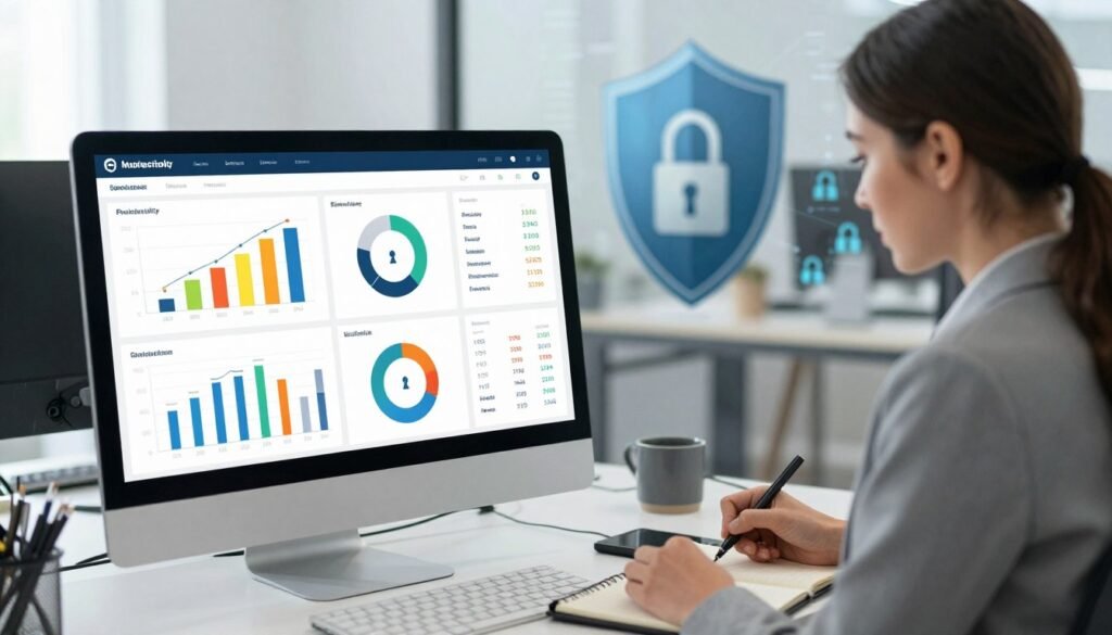 A modern security compliance dashboard displayed on a sleek computer monitor in a well-lit office environment. In the foreground, graphs and charts show real-time data analytics, security metrics, and compliance statuses with bright colors for clarity. In the middle ground, a professional-looking woman in business attire, focused on the screen while taking notes on a tablet, embodies dedication to security and compliance. The background features abstract digital motifs representing cybersecurity, such as padlocks and shields, subtly integrated into the design. Use soft, natural lighting to create an inviting atmosphere, highlighting the dashboard’s features. Capture the scene from a slightly elevated angle, giving an overview of the workspace while emphasizing the dashboard's importance in KPI tracking and analytics. A modern security compliance dashboard displayed on a sleek computer monitor in a well-lit office environment. In the foreground, graphs and charts show real-time data analytics, security metrics, and compliance statuses with bright colors for clarity. In the middle ground, a professional-looking woman in business attire, focused on the screen while taking notes on a tablet, embodies dedication to security and compliance. The background features abstract digital motifs representing cybersecurity, such as padlocks and shields, subtly integrated into the design. Use soft, natural lighting to create an inviting atmosphere, highlighting the dashboard’s features. Capture the scene from a slightly elevated angle, giving an overview of the workspace while emphasizing the dashboard's importance in KPI tracking and analytics.