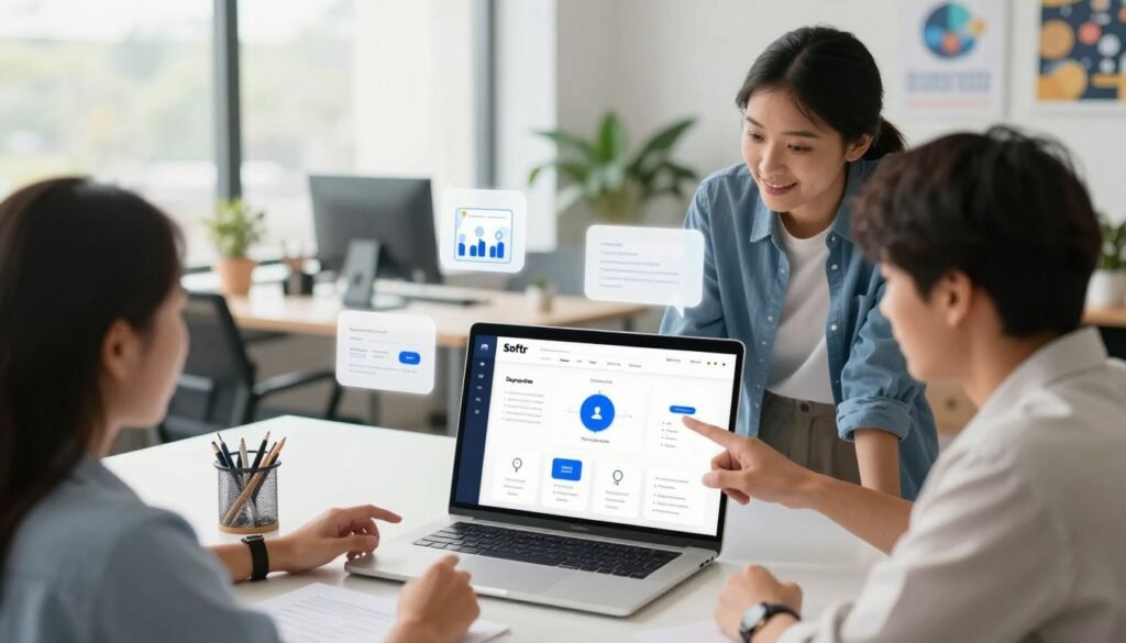 A vibrant, modern workspace with a laptop open to a sleek web app interface, showcasing Softr’s core features like drag-and-drop functionality and customizable templates. In the foreground, a diverse group of three professionals in smart business attire collaborates, pointing at the screen and discussing ideas. The middle ground features floating icons and diagrams representing automation, integrations, and user-friendly design, illuminated by soft, diffused lighting to create a welcoming atmosphere. The background shows a bright, airy office with large windows, greenery, and inspirational posters related to innovation. The shot is slightly angled from an overhead perspective, capturing the dynamic energy of teamwork and creativity in tech development. A vibrant, modern workspace with a laptop open to a sleek web app interface, showcasing Softr’s core features like drag-and-drop functionality and customizable templates. In the foreground, a diverse group of three professionals in smart business attire collaborates, pointing at the screen and discussing ideas. The middle ground features floating icons and diagrams representing automation, integrations, and user-friendly design, illuminated by soft, diffused lighting to create a welcoming atmosphere. The background shows a bright, airy office with large windows, greenery, and inspirational posters related to innovation. The shot is slightly angled from an overhead perspective, capturing the dynamic energy of teamwork and creativity in tech development.