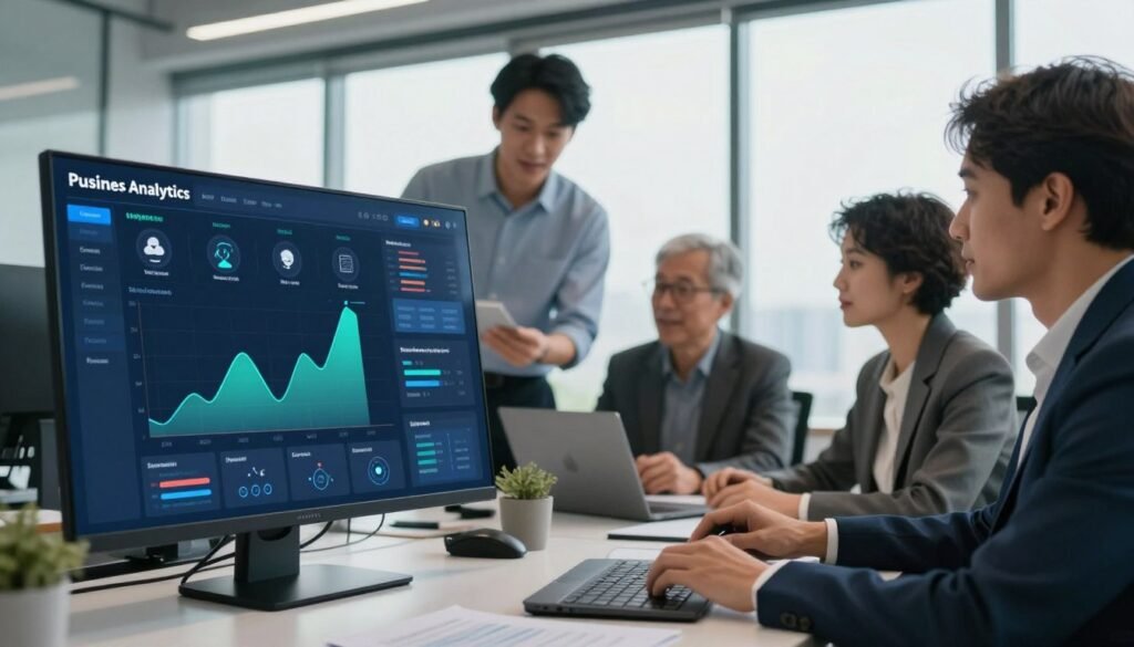 A visually engaging image of business analytics pricing plans designed for a professional article. In the foreground, feature a sleek, modern digital dashboard showcasing various pricing tiers for analytics tools, with icons representing features such as data visualization, reporting, and support. The middle ground should show diverse professionals in business attire, analyzing the dashboard and discussing their options, with expressions of focus and collaboration. In the background, create an office environment with large windows allowing soft natural light to filter in, enhancing a sense of clarity and professionalism. The overall mood should be optimistic and productive, with a color palette of blues and greens to signify trust and growth. Use a wide angle to encompass the interaction and details of the environment. A visually engaging image of business analytics pricing plans designed for a professional article. In the foreground, feature a sleek, modern digital dashboard showcasing various pricing tiers for analytics tools, with icons representing features such as data visualization, reporting, and support. The middle ground should show diverse professionals in business attire, analyzing the dashboard and discussing their options, with expressions of focus and collaboration. In the background, create an office environment with large windows allowing soft natural light to filter in, enhancing a sense of clarity and professionalism. The overall mood should be optimistic and productive, with a color palette of blues and greens to signify trust and growth. Use a wide angle to encompass the interaction and details of the environment.