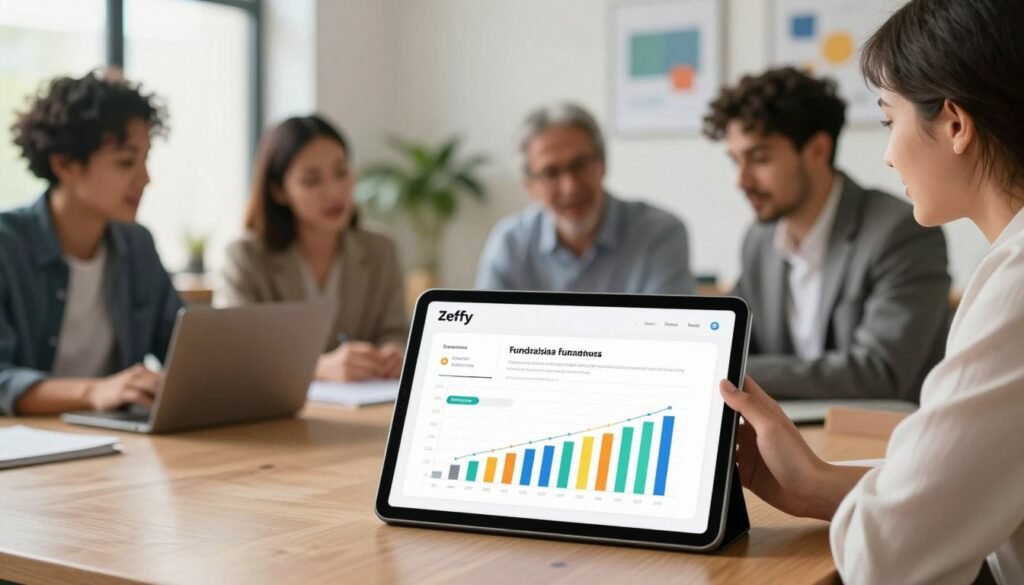 A visually engaging overview of fundraising tools, showcasing the key features of Zeffy for nonprofit fundraising. In the foreground, a sleek digital tablet displaying colorful charts and graphs related to donation analytics and tracking, symbolizing ease of use and functionality. In the middle ground, an office setting with a diverse group of professionals—men and women—in professional business attire, collaboratively discussing fundraising strategies; their expressions are focused and enthusiastic. The background features a soft-focus view of a modern workspace with inspirational decor, like plants and motivational posters. Soft, natural lighting filters in through a window, creating a warm and inviting atmosphere that conveys optimism and collaboration in fundraising efforts. A visually engaging overview of fundraising tools, showcasing the key features of Zeffy for nonprofit fundraising. In the foreground, a sleek digital tablet displaying colorful charts and graphs related to donation analytics and tracking, symbolizing ease of use and functionality. In the middle ground, an office setting with a diverse group of professionals—men and women—in professional business attire, collaboratively discussing fundraising strategies; their expressions are focused and enthusiastic. The background features a soft-focus view of a modern workspace with inspirational decor, like plants and motivational posters. Soft, natural lighting filters in through a window, creating a warm and inviting atmosphere that conveys optimism and collaboration in fundraising efforts.