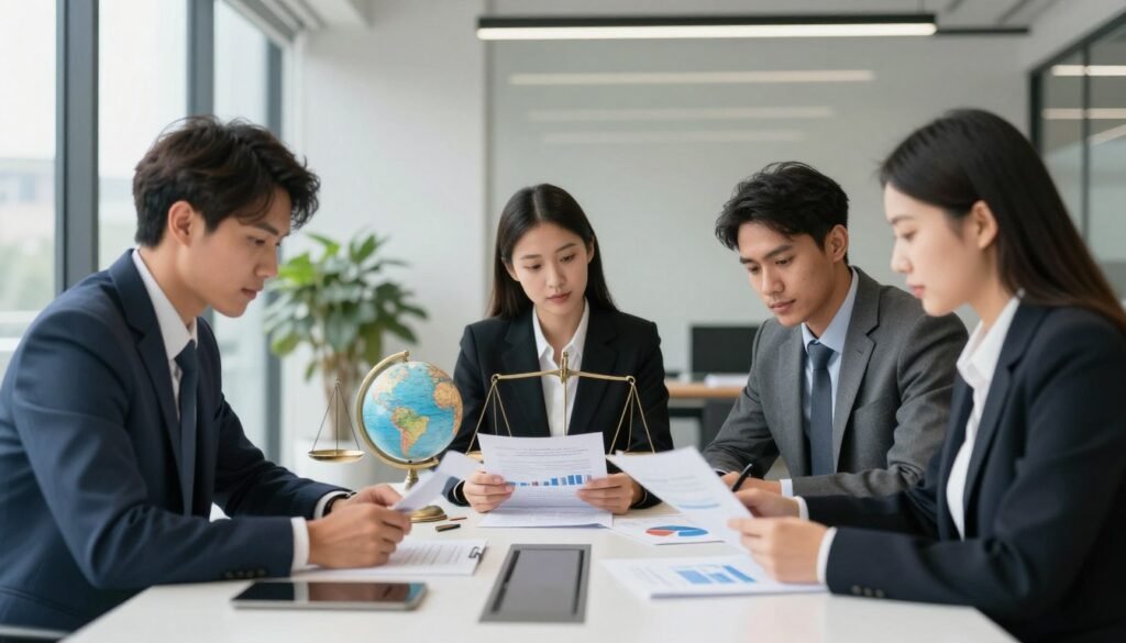A visually engaging scene depicting business formation considerations. In the foreground, a diverse group of three professionals in smart business attire, two men and one woman, are gathered around a modern conference table, reviewing documents and charts that symbolize business planning. In the middle, various business elements like legal scales, a globe, and financial graphs subtly blend into the scene, emphasizing global business implications. The background showcases a contemporary office setting with large windows allowing soft, natural light to fill the room, casting gentle shadows. The atmosphere conveys a sense of collaboration and critical decision-making, while maintaining a clean and organized look. The overall mood is focused and insightful, ideal for illustrating important considerations in business formation. A visually engaging scene depicting business formation considerations. In the foreground, a diverse group of three professionals in smart business attire, two men and one woman, are gathered around a modern conference table, reviewing documents and charts that symbolize business planning. In the middle, various business elements like legal scales, a globe, and financial graphs subtly blend into the scene, emphasizing global business implications. The background showcases a contemporary office setting with large windows allowing soft, natural light to fill the room, casting gentle shadows. The atmosphere conveys a sense of collaboration and critical decision-making, while maintaining a clean and organized look. The overall mood is focused and insightful, ideal for illustrating important considerations in business formation.