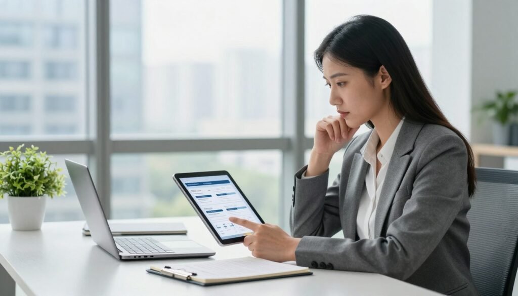 A well-lit office setting showcasing a professional woman in business attire, examining a digital tablet displaying various subscription plans. In the foreground, her focused expression reflects her decision-making process. The middle layer features a sleek, modern desk with a laptop, a notepad filled with notes, and a plant adding a touch of greenery. The background reveals a large window with city views, allowing natural light to flood the room, creating a bright and productive atmosphere. The mood is one of contemplation and clarity, emphasizing professionalism and strategic thinking as she assesses her investment options. The composition should be balanced, with a soft depth of field to keep the focus on the woman and the tablet. A well-lit office setting showcasing a professional woman in business attire, examining a digital tablet displaying various subscription plans. In the foreground, her focused expression reflects her decision-making process. The middle layer features a sleek, modern desk with a laptop, a notepad filled with notes, and a plant adding a touch of greenery. The background reveals a large window with city views, allowing natural light to flood the room, creating a bright and productive atmosphere. The mood is one of contemplation and clarity, emphasizing professionalism and strategic thinking as she assesses her investment options. The composition should be balanced, with a soft depth of field to keep the focus on the woman and the tablet.