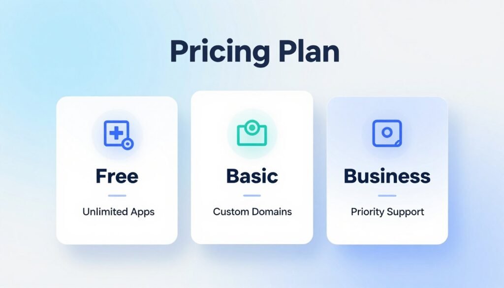 Create an informative and visually appealing image comparing pricing plan tiers for Softr. In the foreground, depict three distinct pricing tiers as stylized cards, each featuring a unique color scheme: free, basic, and business. Include simple icons that represent features like "Unlimited Apps," "Custom Domains," and "Priority Support." In the middle ground, arrange these cards neatly with subtle shadows to enhance depth, ensuring clear visibility of each tier. The background should be a soft gradient, transitioning from a light blue to white, to convey a professional and clean atmosphere. Use bright, balanced lighting to evoke a sense of clarity and ease of understanding. Aim for a modern, sleek design that captures the essence of innovation and simplicity in software solutions. Create an informative and visually appealing image comparing pricing plan tiers for Softr. In the foreground, depict three distinct pricing tiers as stylized cards, each featuring a unique color scheme: free, basic, and business. Include simple icons that represent features like "Unlimited Apps," "Custom Domains," and "Priority Support." In the middle ground, arrange these cards neatly with subtle shadows to enhance depth, ensuring clear visibility of each tier. The background should be a soft gradient, transitioning from a light blue to white, to convey a professional and clean atmosphere. Use bright, balanced lighting to evoke a sense of clarity and ease of understanding. Aim for a modern, sleek design that captures the essence of innovation and simplicity in software solutions.