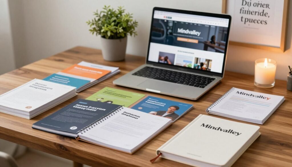A beautifully arranged workspace showcasing a variety of personal development programme materials for Mindvalley. In the foreground, elegant notebooks, colorful brochures, and stylish planners are neatly stacked on a polished wooden desk. In the middle ground, an open laptop displays an inviting Mindvalley webpage, illuminated by soft, warm lighting that creates a cozy atmosphere. The background features a potted plant and a motivational quote framed on the wall, enhancing the sense of inspiration and growth. The overall mood is uplifting and professional, conveying a focus on personal transformation and self-improvement. The image should be well-composed, with a slight depth of field to highlight the foreground elements. A beautifully arranged workspace showcasing a variety of personal development programme materials for Mindvalley. In the foreground, elegant notebooks, colorful brochures, and stylish planners are neatly stacked on a polished wooden desk. In the middle ground, an open laptop displays an inviting Mindvalley webpage, illuminated by soft, warm lighting that creates a cozy atmosphere. The background features a potted plant and a motivational quote framed on the wall, enhancing the sense of inspiration and growth. The overall mood is uplifting and professional, conveying a focus on personal transformation and self-improvement. The image should be well-composed, with a slight depth of field to highlight the foreground elements.