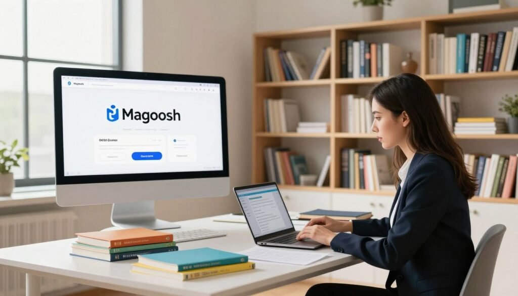 A bright, modern study space filled with resources for GRE online preparation. In the foreground, a professional woman in business attire sits at a sleek desk, focused intently on her laptop, surrounded by colorful books and notes related to GRE study materials. The middle layer features a large wall-mounted screen displaying the Magoosh logo and interactive learning tools. In the background, a well-organized bookshelf filled with textbooks, notebooks, and study guides creates an inspiring learning atmosphere. Soft, natural light streams in through a large window, casting a warm glow across the room. The scene conveys a sense of dedication and efficiency, inviting viewers to imagine engaging with Magoosh’s online learning platform. A bright, modern study space filled with resources for GRE online preparation. In the foreground, a professional woman in business attire sits at a sleek desk, focused intently on her laptop, surrounded by colorful books and notes related to GRE study materials. The middle layer features a large wall-mounted screen displaying the Magoosh logo and interactive learning tools. In the background, a well-organized bookshelf filled with textbooks, notebooks, and study guides creates an inspiring learning atmosphere. Soft, natural light streams in through a large window, casting a warm glow across the room. The scene conveys a sense of dedication and efficiency, inviting viewers to imagine engaging with Magoosh’s online learning platform.