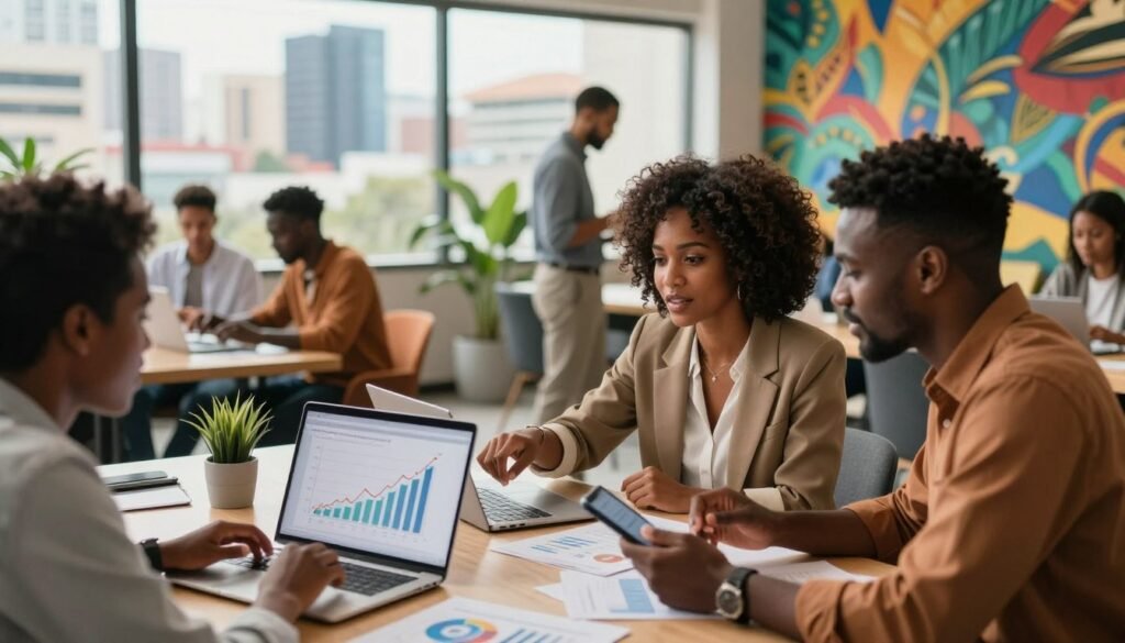 A bustling African startup scene, showcasing a diverse group of business professionals in smart casual attire engaged in discussion over charts and laptops. In the foreground, a confident Black woman points at a rising investment graph on a laptop screen, while a South Asian man analyzes data on a tablet nearby. The middle ground features a collaborative workspace with modern furniture and greenery, symbolizing innovation and growth. In the background, a vibrant cityscape of an African metropolis with skyscrapers and colorful murals enhances the entrepreneurial spirit. Soft, natural lighting streams in from large windows, creating an inviting atmosphere that conveys hope and opportunity in the context of investments in Africa. The mood is dynamic and forward-looking, reflecting the promising landscape for startups. A bustling African startup scene, showcasing a diverse group of business professionals in smart casual attire engaged in discussion over charts and laptops. In the foreground, a confident Black woman points at a rising investment graph on a laptop screen, while a South Asian man analyzes data on a tablet nearby. The middle ground features a collaborative workspace with modern furniture and greenery, symbolizing innovation and growth. In the background, a vibrant cityscape of an African metropolis with skyscrapers and colorful murals enhances the entrepreneurial spirit. Soft, natural lighting streams in from large windows, creating an inviting atmosphere that conveys hope and opportunity in the context of investments in Africa. The mood is dynamic and forward-looking, reflecting the promising landscape for startups.