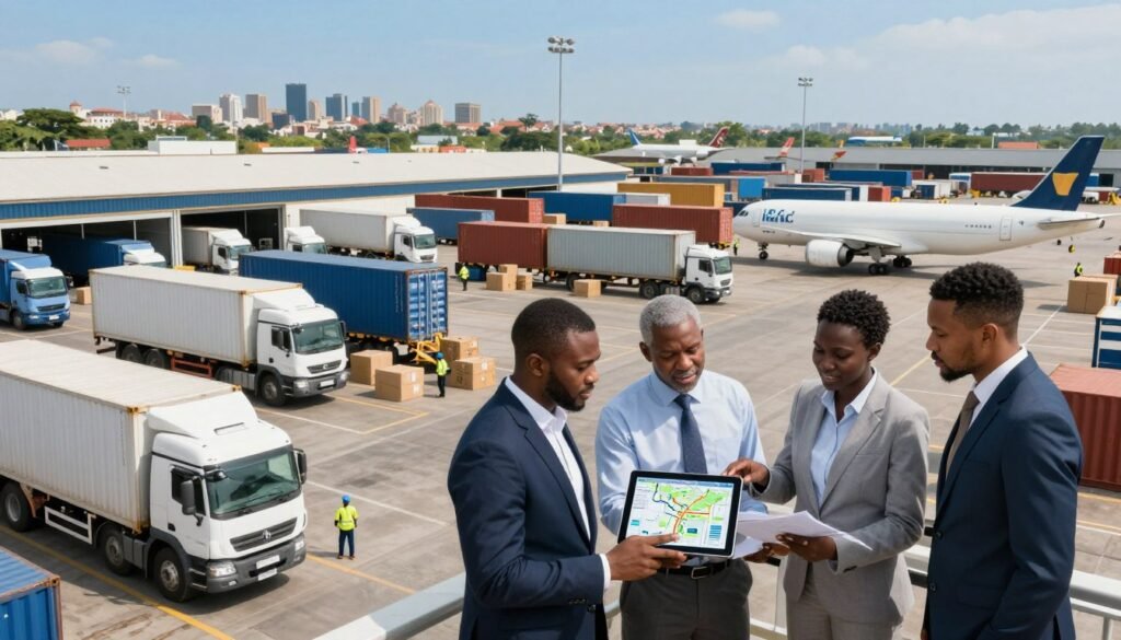 A bustling logistics hub with a well-organized transport network showcasing diverse modes of transportation, including trucks, shipping containers, and cargo planes. In the foreground, a diverse group of professionals in business attire discusses strategies around a digital tablet, pointing at logistics maps and charts. The middle ground features a busy loading dock with workers efficiently handling packages and containers. In the background, a skyline hints at an African city, under clear blue skies that illuminate the scene with bright, natural light. The atmosphere is dynamic and collaborative, reflecting innovation and opportunity in transport logistics for imports in Africa. Use a wide-angle lens to capture the expansive scene, ensuring a vibrant, optimistic mood. A bustling logistics hub with a well-organized transport network showcasing diverse modes of transportation, including trucks, shipping containers, and cargo planes. In the foreground, a diverse group of professionals in business attire discusses strategies around a digital tablet, pointing at logistics maps and charts. The middle ground features a busy loading dock with workers efficiently handling packages and containers. In the background, a skyline hints at an African city, under clear blue skies that illuminate the scene with bright, natural light. The atmosphere is dynamic and collaborative, reflecting innovation and opportunity in transport logistics for imports in Africa. Use a wide-angle lens to capture the expansive scene, ensuring a vibrant, optimistic mood.