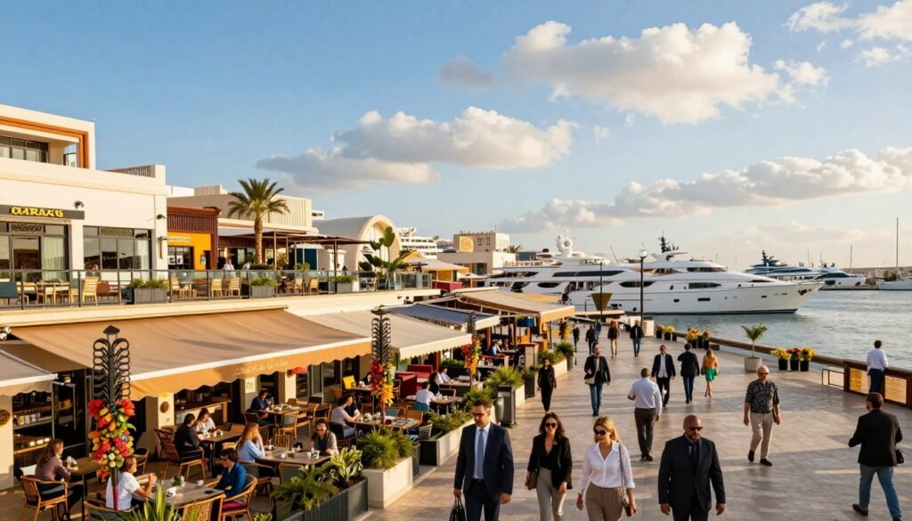 A bustling marina mall in Casablanca, showcasing a vibrant atmosphere filled with various shopping restaurants. In the foreground, elegantly dressed individuals in professional business attire and casual wear stroll through an open-air dining area, surrounded by colorful awnings and inviting outdoor seating. The middle ground features a diverse range of modern storefronts and eateries, adorned with chic signage and lively decorative elements. In the background, the picturesque marina with luxury yachts and boats sets a serene yet dynamic backdrop, under a bright blue sky with soft, fluffy clouds. Golden hour lighting bathes the scene, creating warm, inviting shadows that enhance the lively ambiance, captured from a low angle to emphasize the vibrant interactions and architecture of Marina Casablanca. A bustling marina mall in Casablanca, showcasing a vibrant atmosphere filled with various shopping restaurants. In the foreground, elegantly dressed individuals in professional business attire and casual wear stroll through an open-air dining area, surrounded by colorful awnings and inviting outdoor seating. The middle ground features a diverse range of modern storefronts and eateries, adorned with chic signage and lively decorative elements. In the background, the picturesque marina with luxury yachts and boats sets a serene yet dynamic backdrop, under a bright blue sky with soft, fluffy clouds. Golden hour lighting bathes the scene, creating warm, inviting shadows that enhance the lively ambiance, captured from a low angle to emphasize the vibrant interactions and architecture of Marina Casablanca.