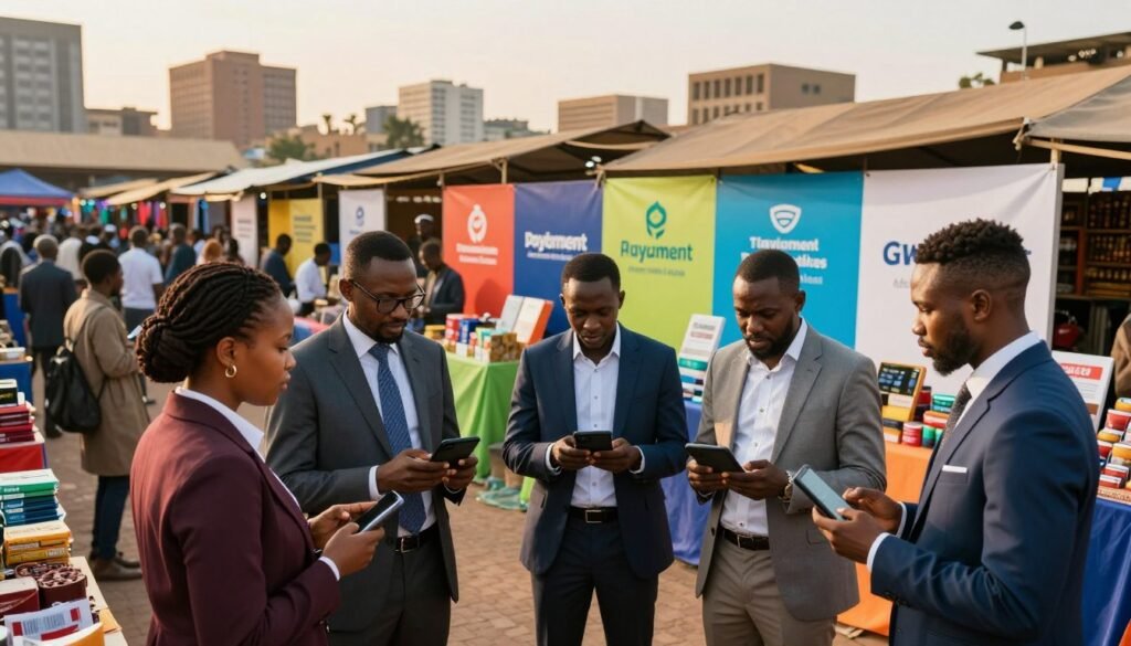 A bustling marketplace in Africa showcasing various digital payment solutions for businesses. In the foreground, a diverse group of professional individuals, dressed in smart business attire, are engaged in an animated discussion while using smartphones and tablets to explore payment options. In the middle ground, display colorful stalls featuring logos of popular payment platforms prominently, surrounded by products and services available for purchase. The background features a vibrant urban skyline under warm, golden sunset lighting, creating an inviting and progressive atmosphere. Capture the energy of financial innovation and the sense of connectivity in this thriving business environment, using a slightly elevated angle to encompass both the people and the technology they are utilizing. A bustling marketplace in Africa showcasing various digital payment solutions for businesses. In the foreground, a diverse group of professional individuals, dressed in smart business attire, are engaged in an animated discussion while using smartphones and tablets to explore payment options. In the middle ground, display colorful stalls featuring logos of popular payment platforms prominently, surrounded by products and services available for purchase. The background features a vibrant urban skyline under warm, golden sunset lighting, creating an inviting and progressive atmosphere. Capture the energy of financial innovation and the sense of connectivity in this thriving business environment, using a slightly elevated angle to encompass both the people and the technology they are utilizing.