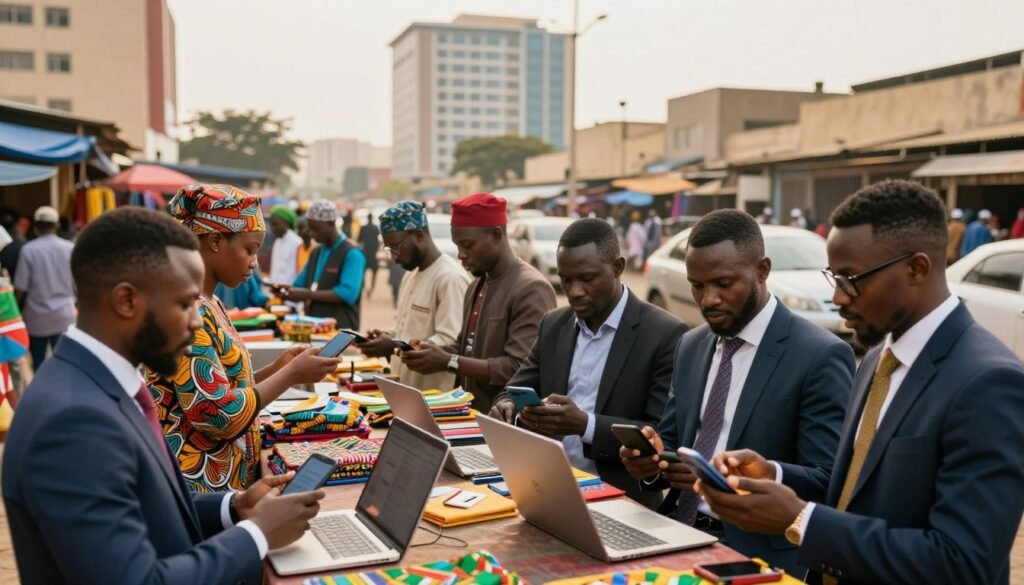 A bustling marketplace set in an African city, showcasing a blend of traditional and modern elements. In the foreground, a diverse group of professionals in smart business attire engage in a discussion around mobile payment devices and laptops, symbolizing the challenges of online transactions. In the middle ground, vendors use smartphones for transactions, with colorful merchandise around them. The background features tall buildings and busy streets, indicating urban growth and technological advancement. Soft, warm lighting illuminates the scene, creating a vibrant yet professional atmosphere. The image is captured from a slightly elevated angle to provide an overview of the interactions, emphasizing collaboration and innovation in online payments in Africa. A bustling marketplace set in an African city, showcasing a blend of traditional and modern elements. In the foreground, a diverse group of professionals in smart business attire engage in a discussion around mobile payment devices and laptops, symbolizing the challenges of online transactions. In the middle ground, vendors use smartphones for transactions, with colorful merchandise around them. The background features tall buildings and busy streets, indicating urban growth and technological advancement. Soft, warm lighting illuminates the scene, creating a vibrant yet professional atmosphere. The image is captured from a slightly elevated angle to provide an overview of the interactions, emphasizing collaboration and innovation in online payments in Africa.