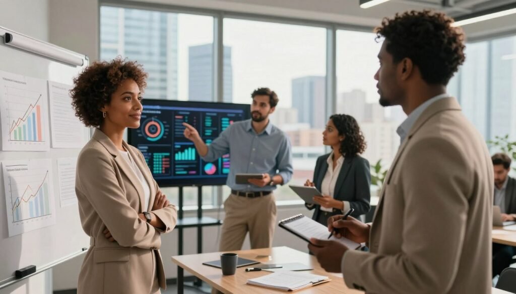 A bustling office environment showcasing a diverse group of professionals in smart business attire engaged in strategic discussions about venture capital investments. In the foreground, a confident Black woman stands near a whiteboard with charts and graphs, illustrating trends in venture capital. In the middle-ground, a man of Middle-Eastern descent gestures towards a screen displaying data visualizations, while a South Asian woman takes notes on a tablet. The background reveals large windows with a cityscape view, filled with modern skyscrapers, under a bright, sunny sky. The lighting is warm and inviting, emphasizing collaboration and innovation. The atmosphere conveys optimism and professional ambition in the context of the African tech ecosystem. A bustling office environment showcasing a diverse group of professionals in smart business attire engaged in strategic discussions about venture capital investments. In the foreground, a confident Black woman stands near a whiteboard with charts and graphs, illustrating trends in venture capital. In the middle-ground, a man of Middle-Eastern descent gestures towards a screen displaying data visualizations, while a South Asian woman takes notes on a tablet. The background reveals large windows with a cityscape view, filled with modern skyscrapers, under a bright, sunny sky. The lighting is warm and inviting, emphasizing collaboration and innovation. The atmosphere conveys optimism and professional ambition in the context of the African tech ecosystem.