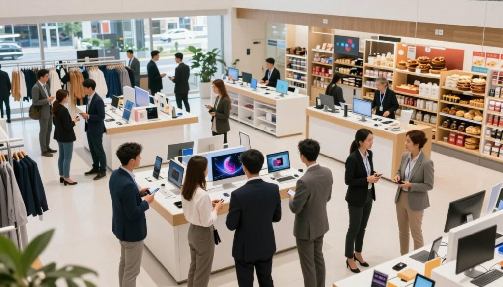 A bustling retail environment showcasing various service sectors, including clothing, electronics, and food services. In the foreground, a diverse group of professionals in smart business attire interact, emphasizing collaboration and engagement. The middle ground features vibrant product displays and service counters, representing the diversity of industries supported by a robust presence tracking solution. The background captures a bright, modern storefront with large windows, allowing natural light to illuminate the scene. The atmosphere is dynamic and welcoming, reflecting a harmonious blend of efficiency and customer focus. Use a slightly angled bird’s-eye view to capture the energy of the space, with soft focus on far objects to enhance depth. A bustling retail environment showcasing various service sectors, including clothing, electronics, and food services. In the foreground, a diverse group of professionals in smart business attire interact, emphasizing collaboration and engagement. The middle ground features vibrant product displays and service counters, representing the diversity of industries supported by a robust presence tracking solution. The background captures a bright, modern storefront with large windows, allowing natural light to illuminate the scene. The atmosphere is dynamic and welcoming, reflecting a harmonious blend of efficiency and customer focus. Use a slightly angled bird’s-eye view to capture the energy of the space, with soft focus on far objects to enhance depth.