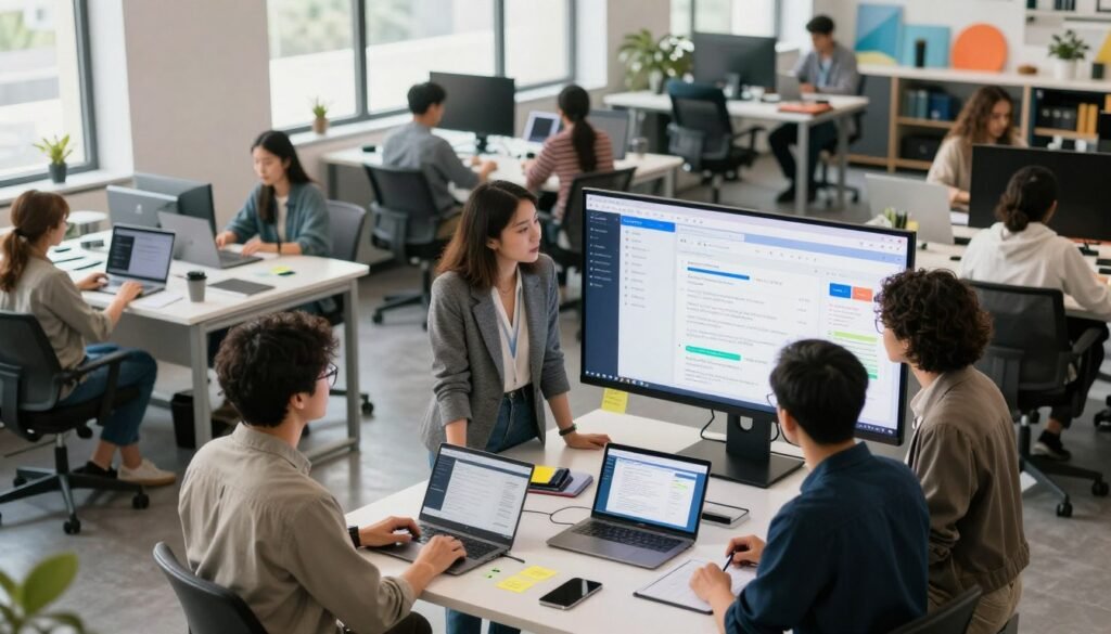 A bustling tech workspace where diverse professionals collaborate on building web applications using Bubble.io. In the foreground, a team of three individuals, one wearing a stylish blazer and the others in smart casual attire, is gathered around a large touchscreen display showing vibrant wireframes and app designs. In the middle ground, scattered laptops, digital tablets, and sticky notes highlight the brainstorming process. The atmosphere is dynamic and innovative, with sleek furniture and colorful decor enhancing creativity. In the background, large windows allow natural light to flood the room, creating a bright and inviting workspace. The lens captures the scene from a slightly elevated angle, emphasizing teamwork and the excitement of realizing web application projects without code. A bustling tech workspace where diverse professionals collaborate on building web applications using Bubble.io. In the foreground, a team of three individuals, one wearing a stylish blazer and the others in smart casual attire, is gathered around a large touchscreen display showing vibrant wireframes and app designs. In the middle ground, scattered laptops, digital tablets, and sticky notes highlight the brainstorming process. The atmosphere is dynamic and innovative, with sleek furniture and colorful decor enhancing creativity. In the background, large windows allow natural light to flood the room, creating a bright and inviting workspace. The lens captures the scene from a slightly elevated angle, emphasizing teamwork and the excitement of realizing web application projects without code.