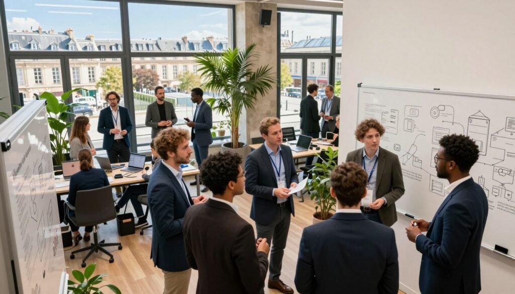 A bustling urban scene showcasing a French Tech community hub, with diverse professionals in business attire engaged in discussions and collaboration. In the foreground, a group of individuals representing various backgrounds is brainstorming around a modern whiteboard filled with tech ideas and diagrams. The middle ground features an open workspace filled with laptops, plants, and tech gadgets, symbolizing innovation and creativity. The background reveals iconic Parisian architecture, blending tradition with modernity, under a bright blue sky. Natural light filters through large windows, creating an inviting atmosphere. Capture this dynamic energy from a slightly elevated angle, emphasizing the collaborative spirit and role of French Tech communities in shaping the tech ecosystem in France. A bustling urban scene showcasing a French Tech community hub, with diverse professionals in business attire engaged in discussions and collaboration. In the foreground, a group of individuals representing various backgrounds is brainstorming around a modern whiteboard filled with tech ideas and diagrams. The middle ground features an open workspace filled with laptops, plants, and tech gadgets, symbolizing innovation and creativity. The background reveals iconic Parisian architecture, blending tradition with modernity, under a bright blue sky. Natural light filters through large windows, creating an inviting atmosphere. Capture this dynamic energy from a slightly elevated angle, emphasizing the collaborative spirit and role of French Tech communities in shaping the tech ecosystem in France.