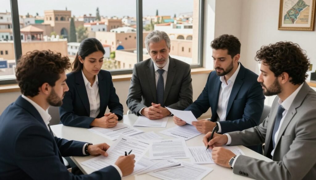 A busy Moroccan cityscape in the background, showcasing traditional architecture and modern elements. In the foreground, a diverse group of professional individuals, dressed in smart business attire, are gathered around a table laden with legal documents and financial papers, illustrating the fiscal and legal aspects of being an auto-entrepreneur. Soft, natural lighting streams in from a large window, creating a warm and inviting atmosphere. The camera angle is slightly elevated, capturing both the focused expressions of the individuals and the documents detailing tax regulations and entrepreneurial guides. The overall mood conveys a sense of collaboration and determination, emphasizing the importance of understanding legal and fiscal frameworks as an auto-entrepreneur in Morocco. A busy Moroccan cityscape in the background, showcasing traditional architecture and modern elements. In the foreground, a diverse group of professional individuals, dressed in smart business attire, are gathered around a table laden with legal documents and financial papers, illustrating the fiscal and legal aspects of being an auto-entrepreneur. Soft, natural lighting streams in from a large window, creating a warm and inviting atmosphere. The camera angle is slightly elevated, capturing both the focused expressions of the individuals and the documents detailing tax regulations and entrepreneurial guides. The overall mood conveys a sense of collaboration and determination, emphasizing the importance of understanding legal and fiscal frameworks as an auto-entrepreneur in Morocco.